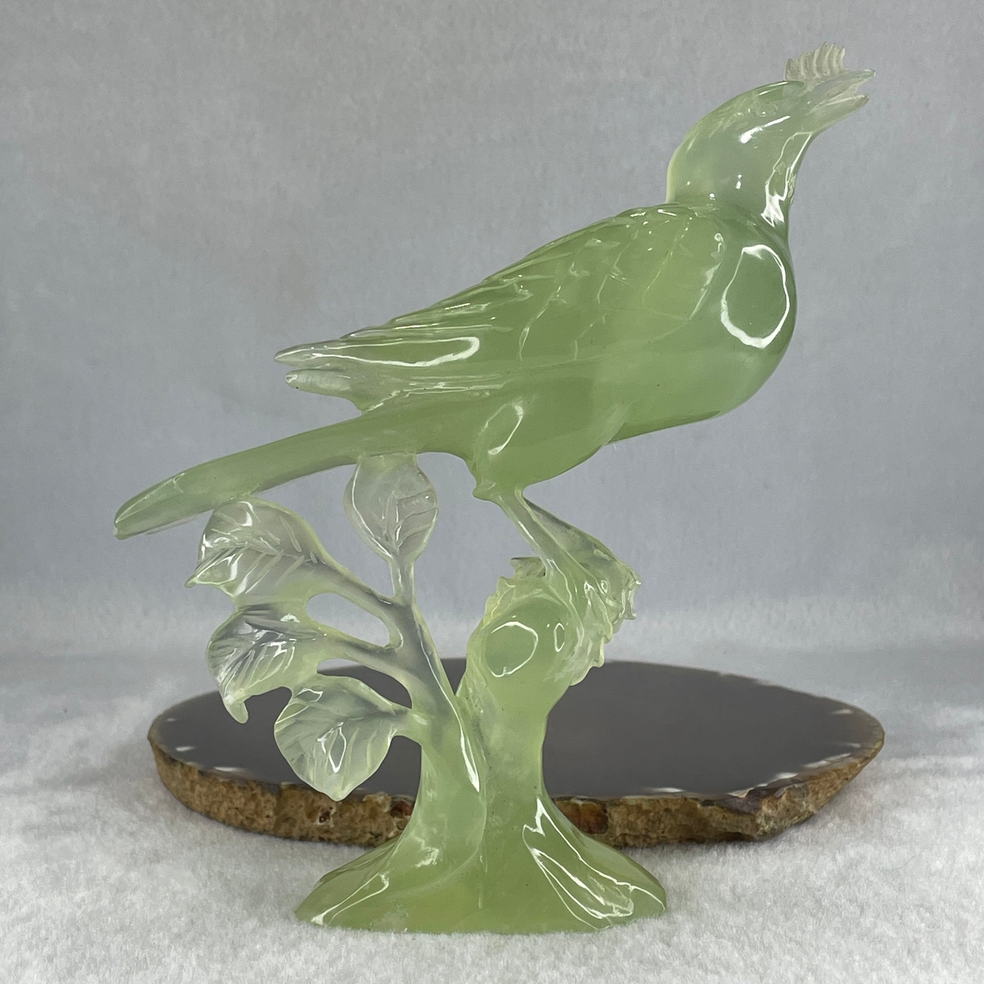Natural Green Serpentine Bird on Plant with Wooden Stand Display 361.9g 150.0 by 80.0 by 180.0mm - Huangs Jadeite and Jewelry Pte Ltd
