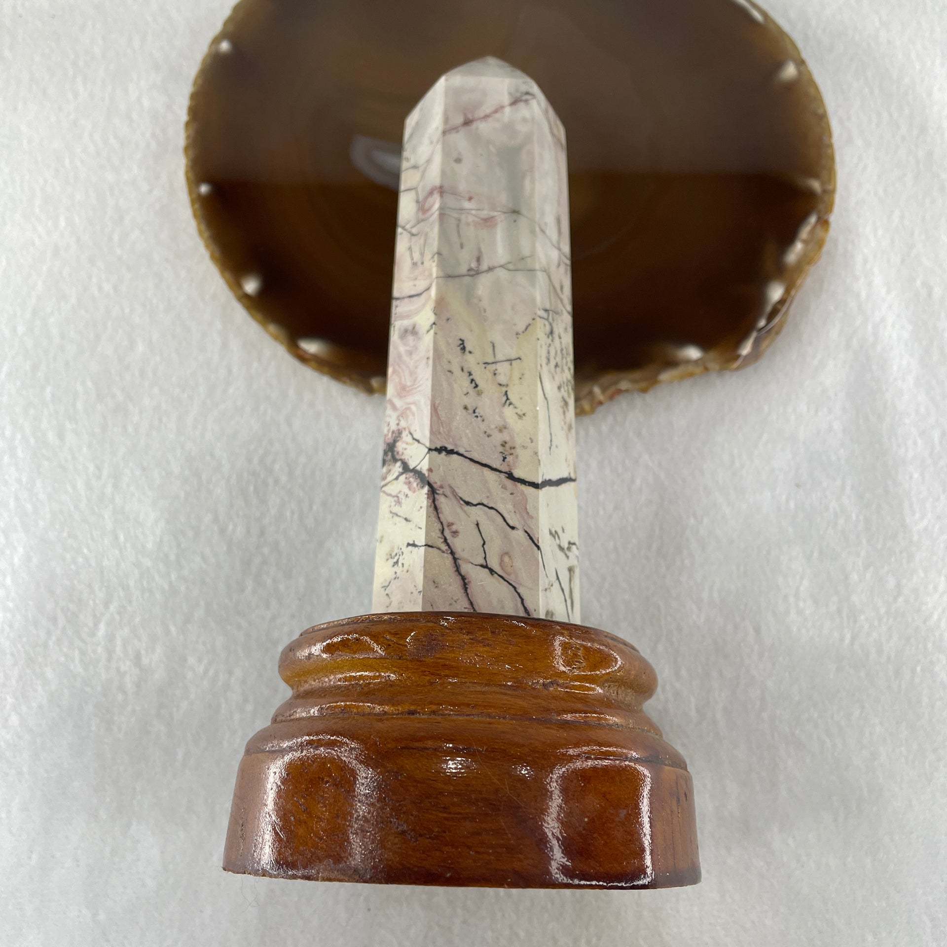 Natural Ligh Brown with Dark Brown Patches Dendritic Jasper Tower with Wooden Stand 403.60g 84.0 by 75.9 by 175.0mm - Huangs Jadeite and Jewelry Pte Ltd