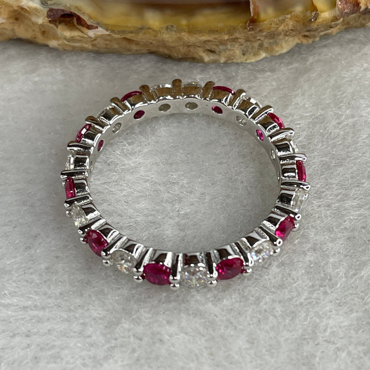 Natural Red & Colorless Moissanite Eternity Ring | Solid S925 Sterling Silver | US Size 7 (HK 15.5) | 3.0mm Imperial "Crimson Ice" Continuous Multi-Color Ribbon Luxury Band (2.47g)