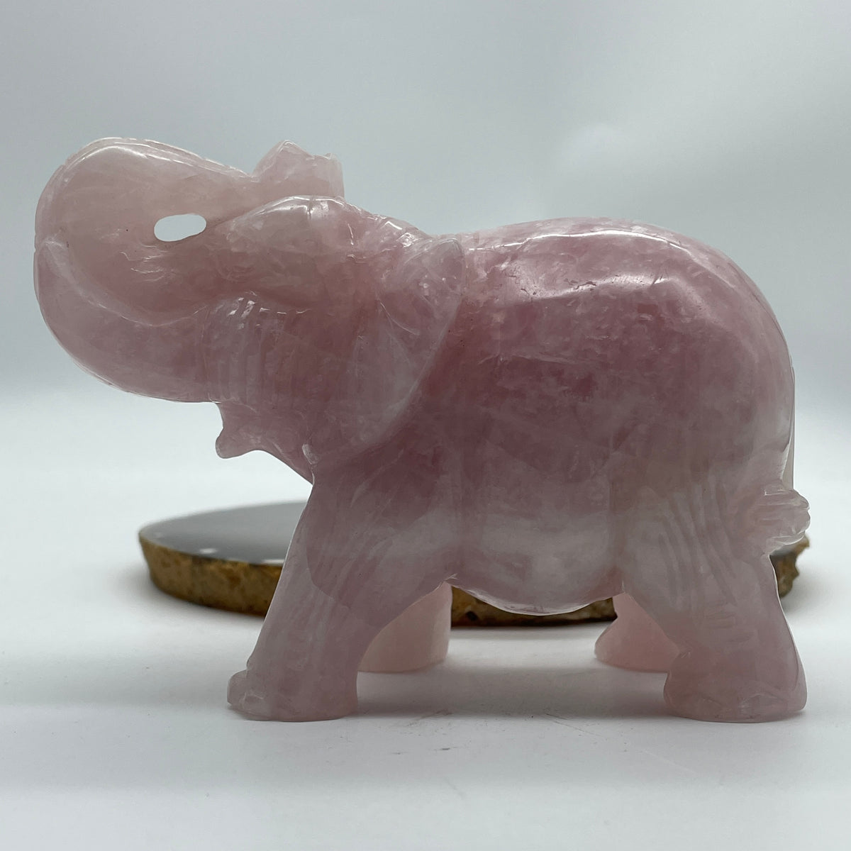 Natural Rose Quartz Elephant Display | (638.44g | 123.3 x 58.2 x 87.3mm | Catalyst, "Stone of Unconditional Love" Harmony & Relationship Magnet, Feng Shui Prosperity & Peace Symbol)
