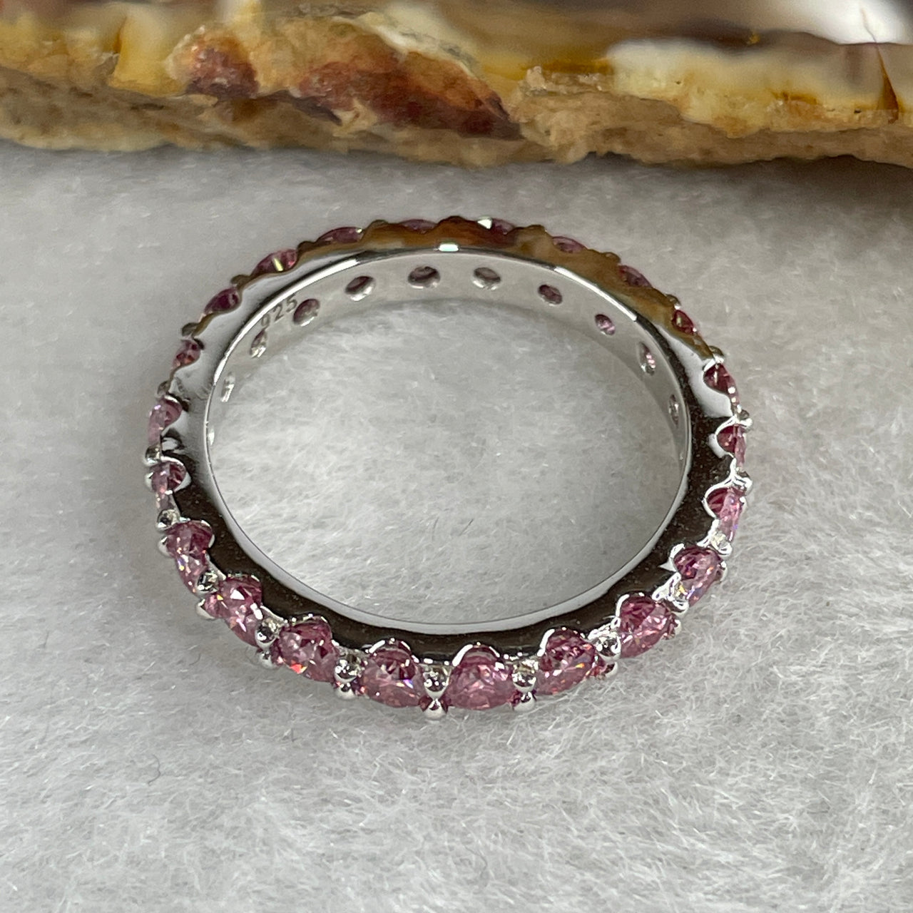 Natural Pink & Colorless Moissanite Eternity Ring | Solid S925 Sterling Silver | US Size 8 (HK 17.6) | 3.0mm Pastel "Blushing Ice" Continuous Multi-Color Ribbon Luxury Band (2.85g)