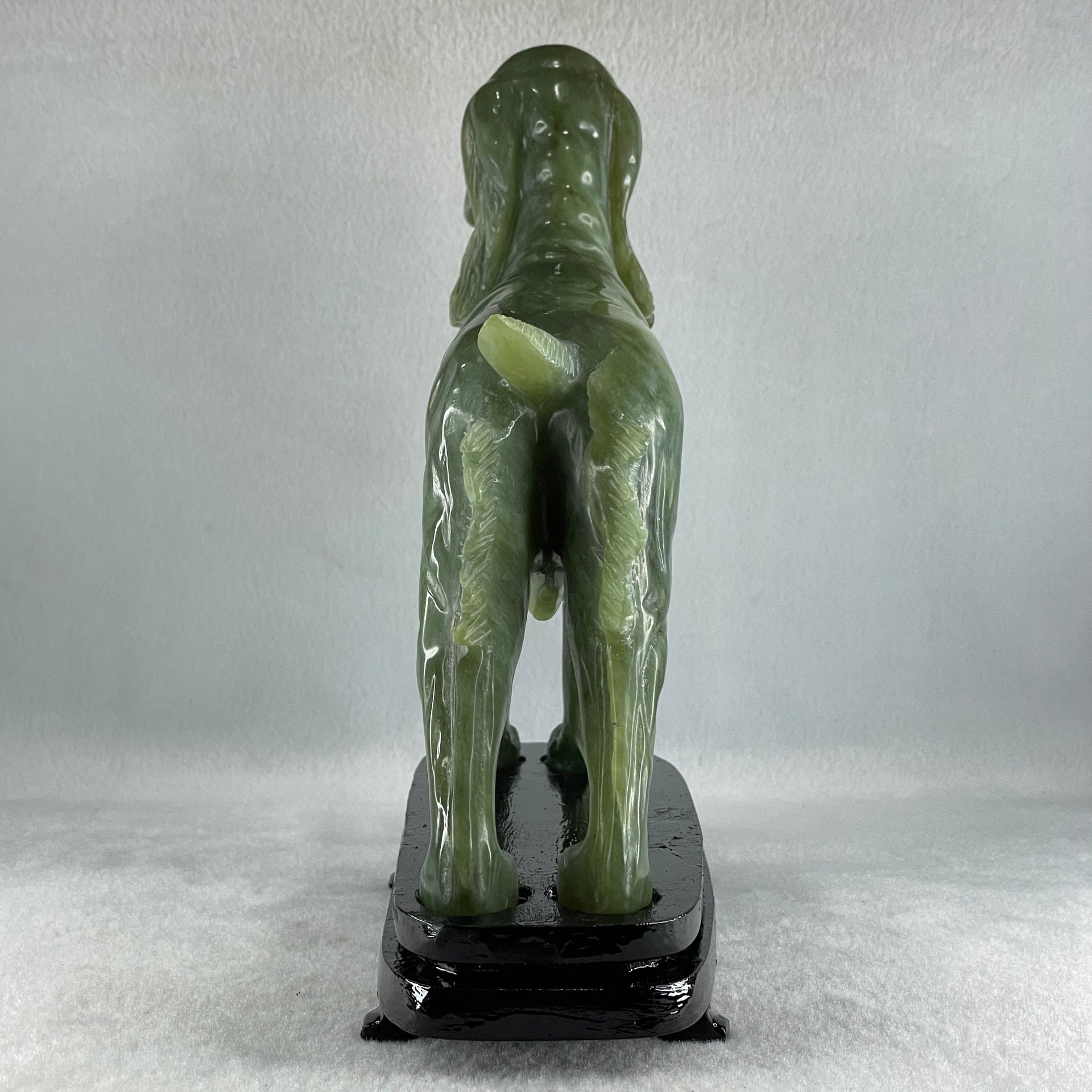 Natural Green with Yellow Serpentine Male Dog with Wooden Stand Feng Shui Display 1,780.3g 220.0 by 82.0 by 220.0mm - Huangs Jadeite and Jewelry Pte Ltd
