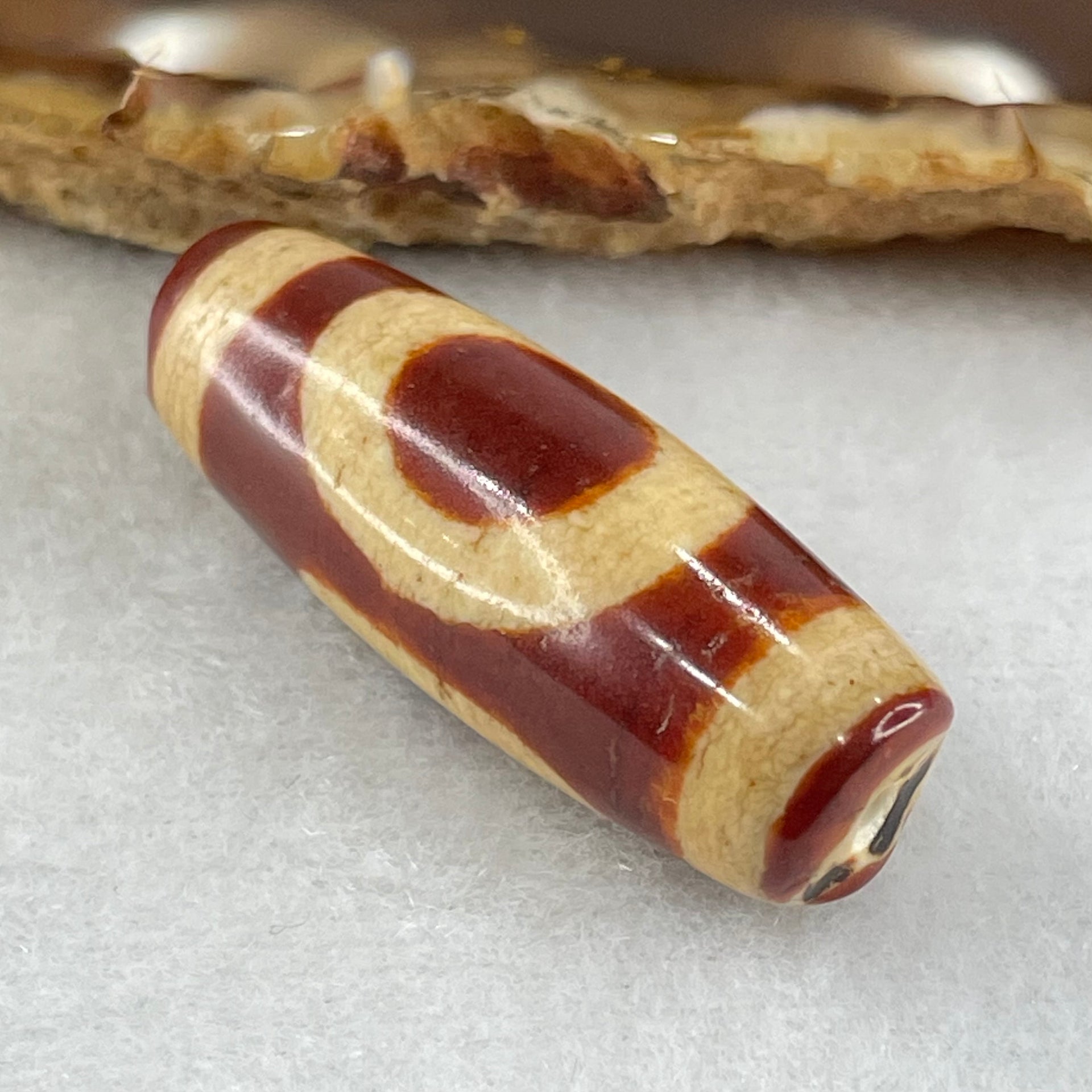 Natural Powerful Tibetan Old Oily Red White Agate One Eye Fire Sign Dzi Bead Heavenly Master (Tian Zhu) 一眼火天珠 9.70g 37.1 by 13.0mm - Huangs Jadeite and Jewelry Pte Ltd