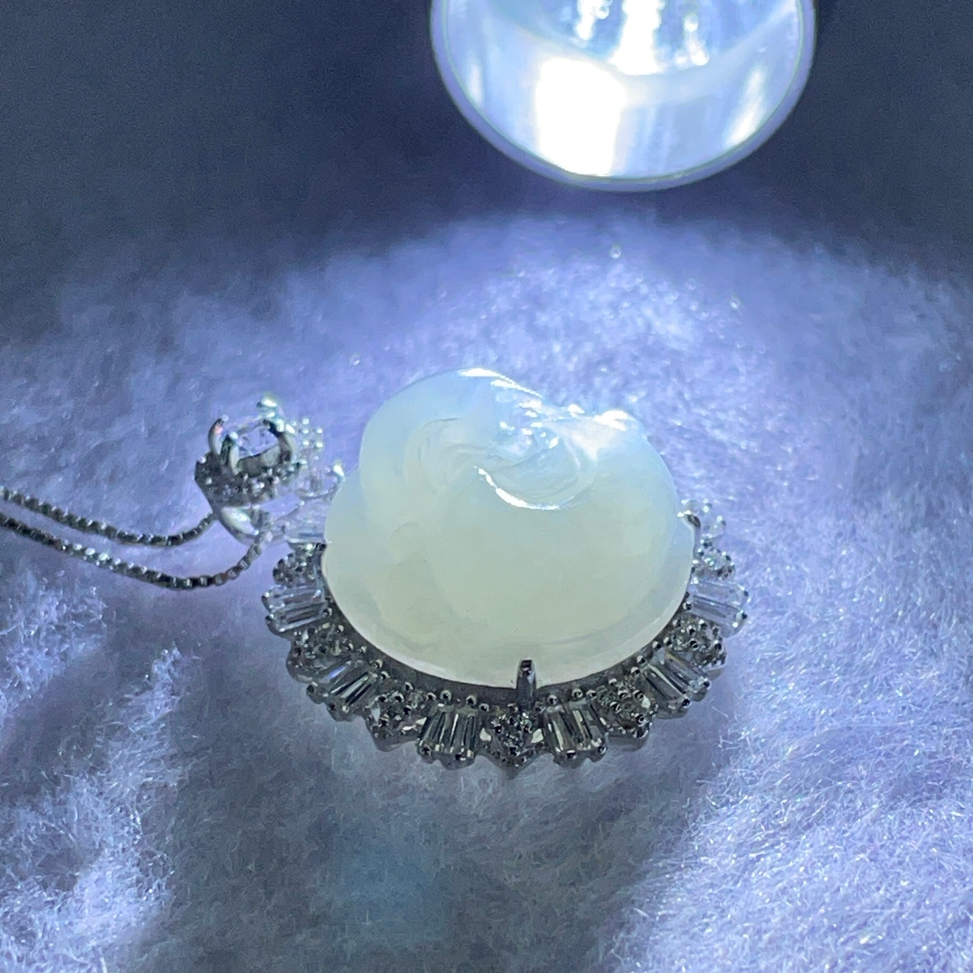 Type A Faint Green Lavender Milo Buddha with Crystals in S925 Sliver Pendant and Necklace 6.77g 16.5 by 16.5 by 7.5mm - Huangs Jadeite and Jewelry Pte Ltd