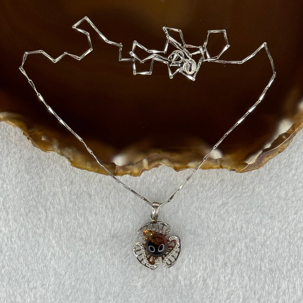 Natural Amber with Cubic Zirconia in S925 Sliver Pendent Necklace 4.04g 7.8mm - Huangs Jadeite and Jewelry Pte Ltd