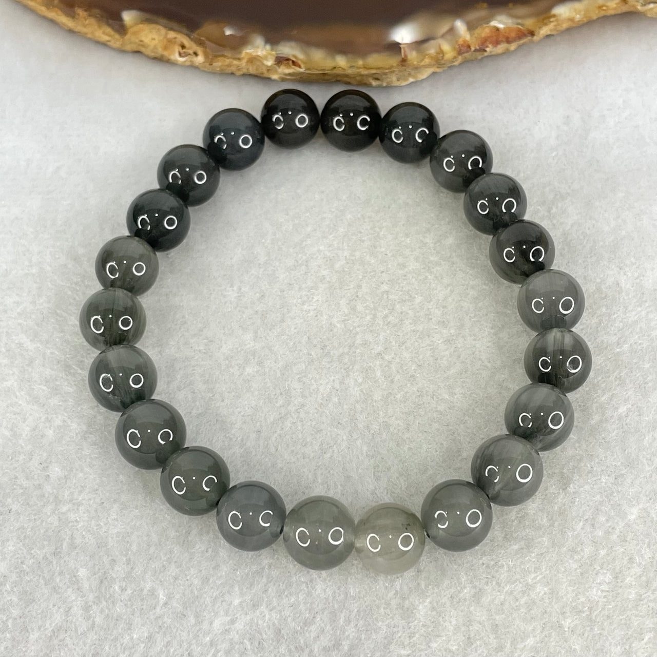 Good Grade Natural  Grey Rabbit Hair Rutilated Quartz Beads Bracelet 23.51g 16.5cm 9.4mm 22 Beads - Huangs Jadeite and Jewelry Pte Ltd