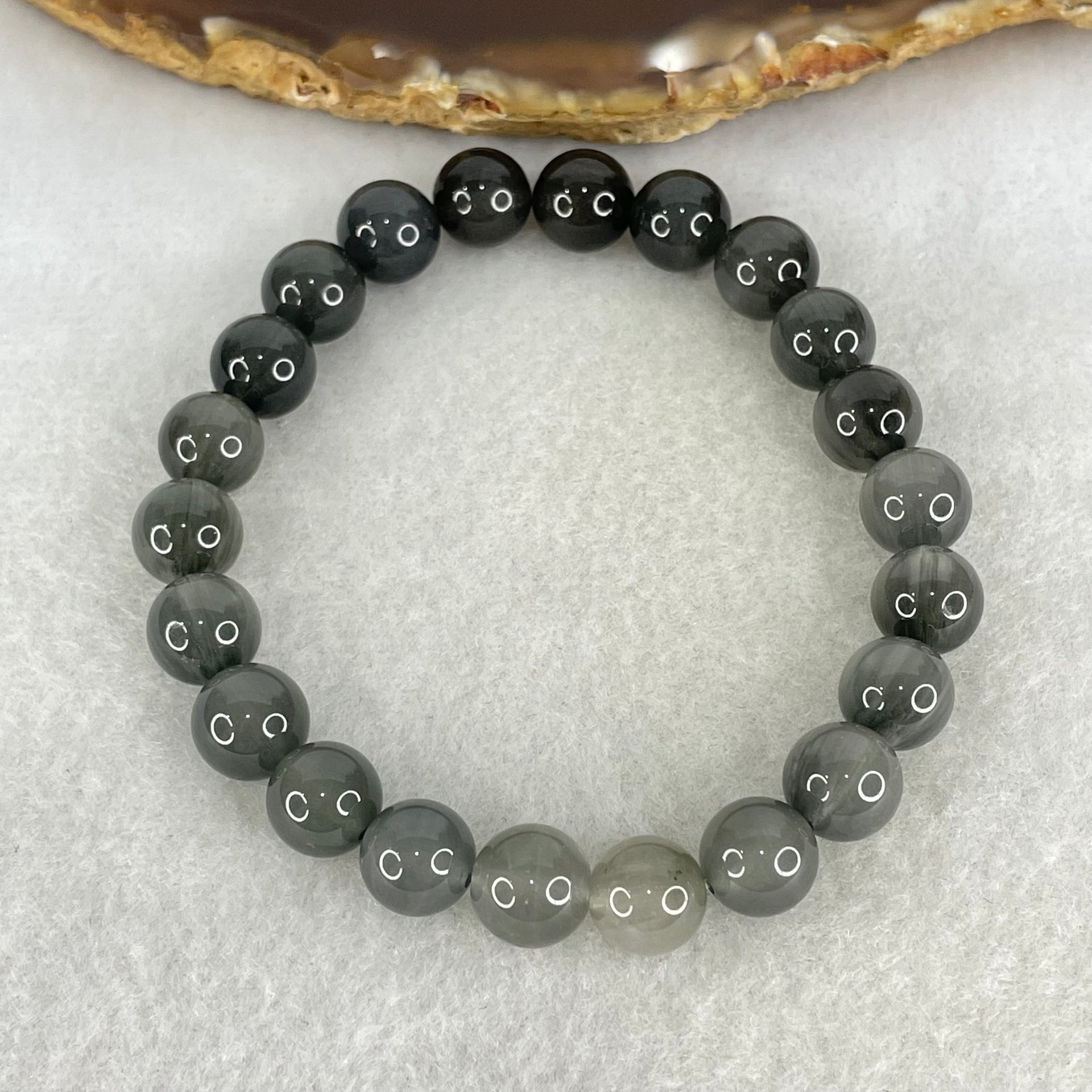 Good Grade Natural  Grey Rabbit Hair Rutilated Quartz Beads Bracelet 23.51g 16.5cm 9.4mm 22 Beads - Huangs Jadeite and Jewelry Pte Ltd