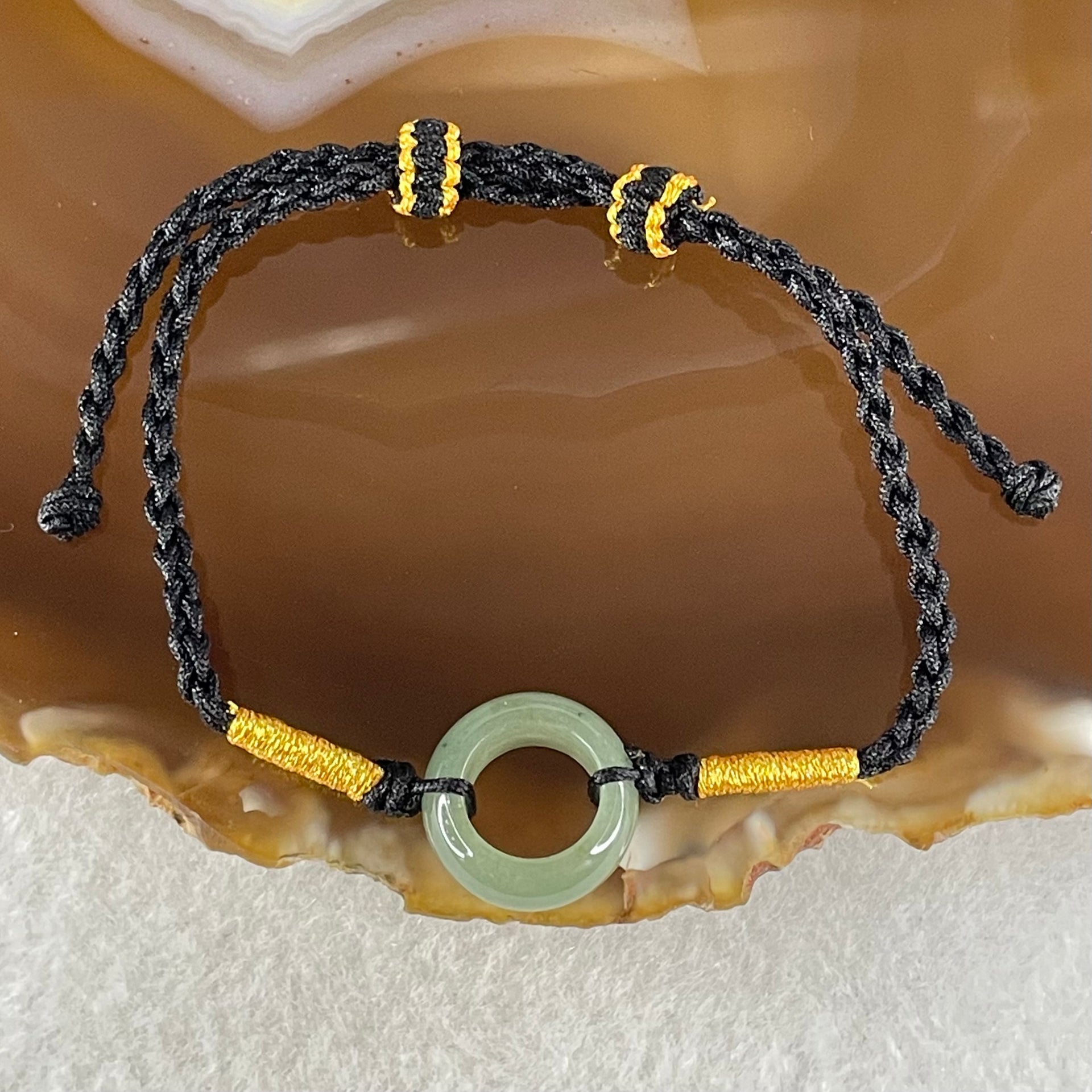 Type A Blueish Green Jadeite Ping An Kou Donut With String Bracelet 2.63g 14.9 by 6.6mm - Huangs Jadeite and Jewelry Pte Ltd