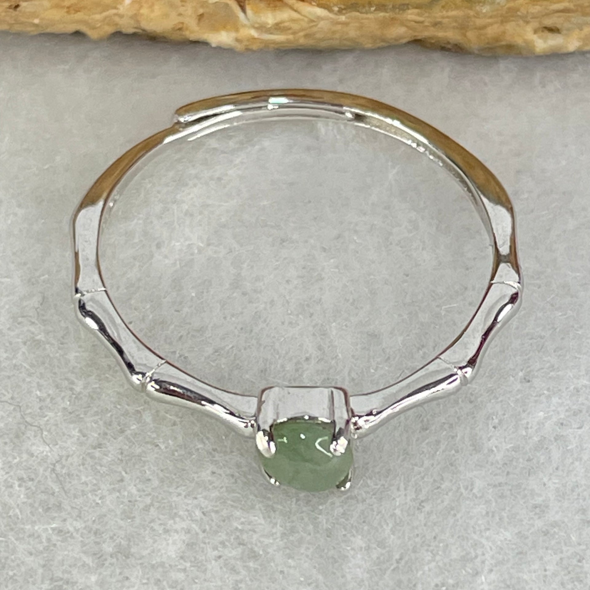 Type A Semi Icy Green Cabochon Jadeite in S925 Sliver Bamboo Ring (Adjustable Size) 0.96g 4.0 by 2.0mm - Huangs Jadeite and Jewelry Pte Ltd