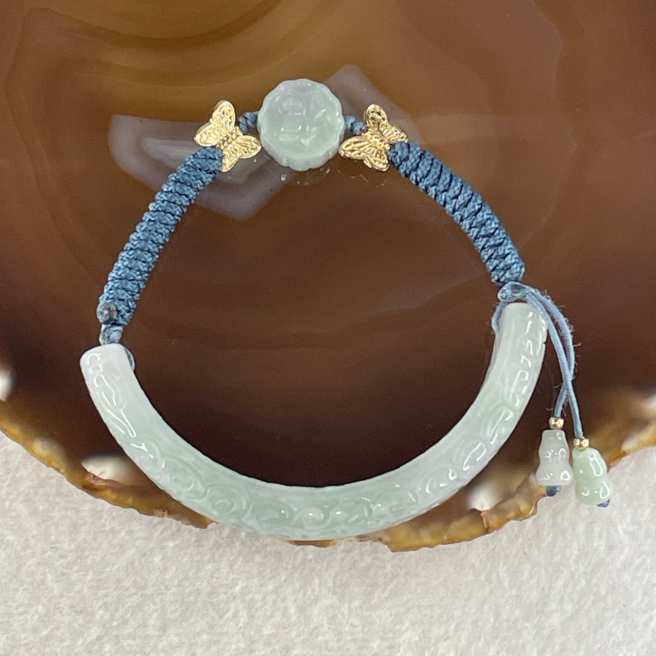 Natural Type A Light Green with Light Lavender Jadeite Flora with Fu and Hulu Charm Bracelet 32.11g 16cm 13.5 by 7.2mm - Fu 14.0 by 8.0mm