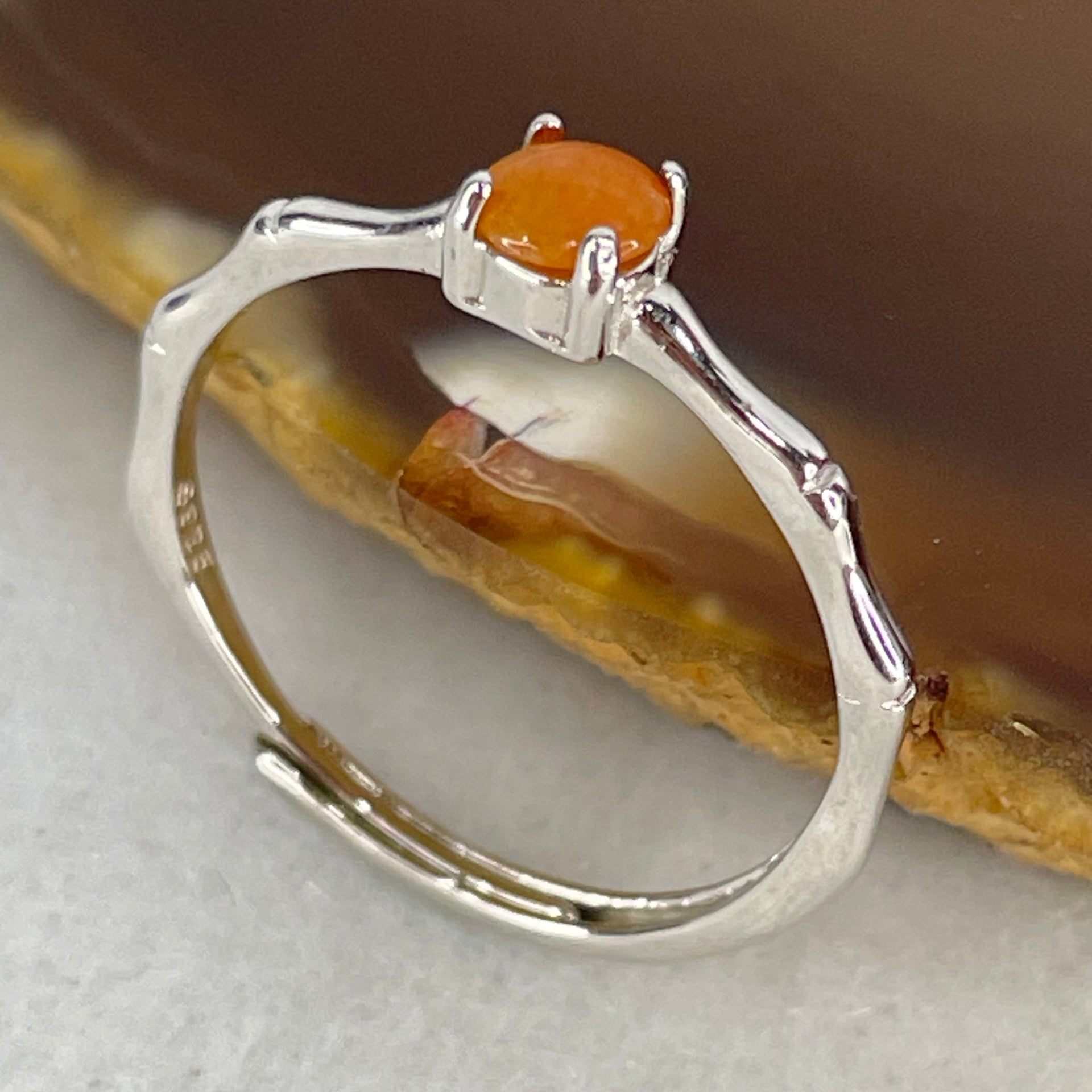 Type A Red Cabochon Jadeite in S925 Sliver Ring (Adjustable Size) 0.99g 4.0 by 2.5mm - Huangs Jadeite and Jewelry Pte Ltd