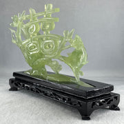 Natural Green Serpentine 囍 Double Happiness Love Birds with Flower with Wooden Stand Display 469.1g 192.0 by 138.0 by 68.0mm - Huangs Jadeite and Jewelry Pte Ltd
