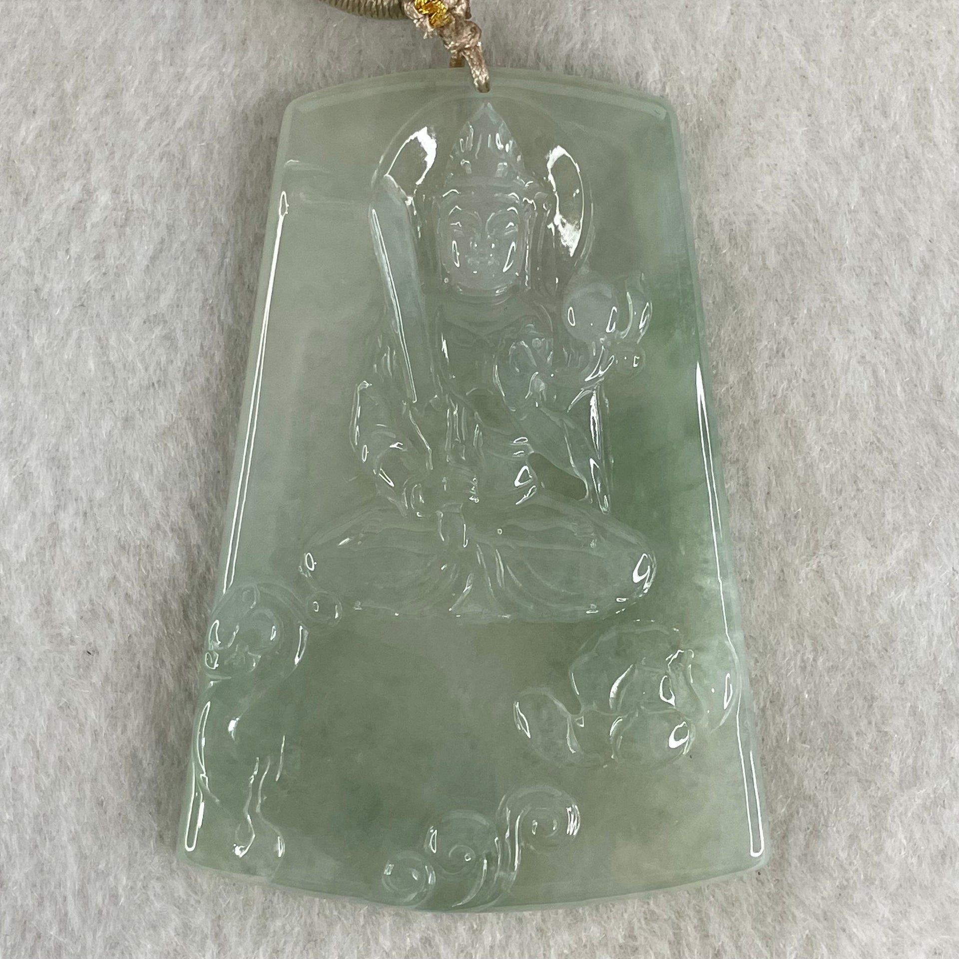 Type A Icy Green with Green Piao Hua Jadeite Guan Yin Bodhisattva Pendant 30.08g 63.4 by 44.1 by 5.3mm - Huangs Jadeite and Jewelry Pte Ltd