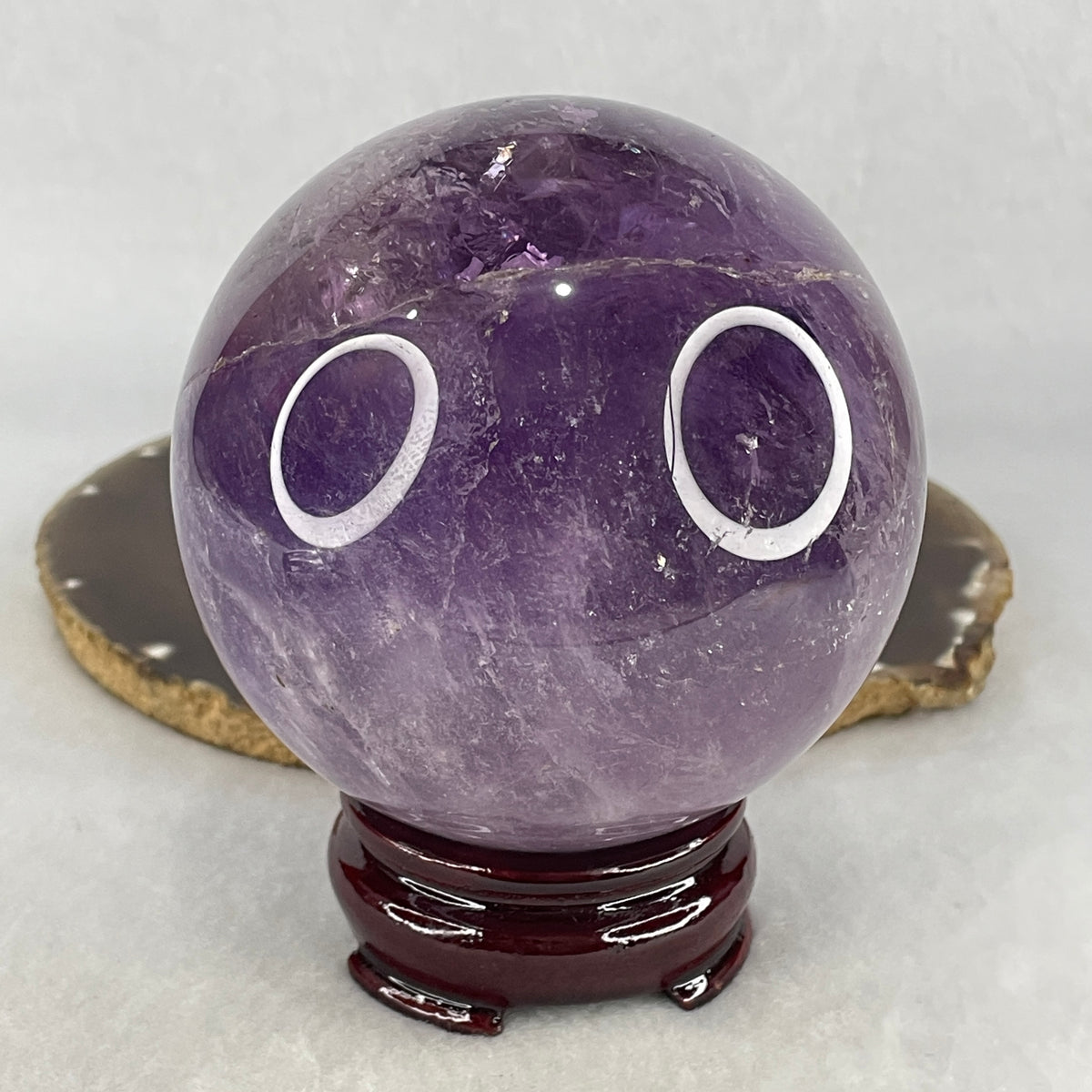 High Grade Natural Amethyst Sphere Display with Custom Wooden Stand | (954.4g | 85.0x110.0mm | Mind Calm Shield, Executive Intuition & Feng Shui Wealth Tranquility)