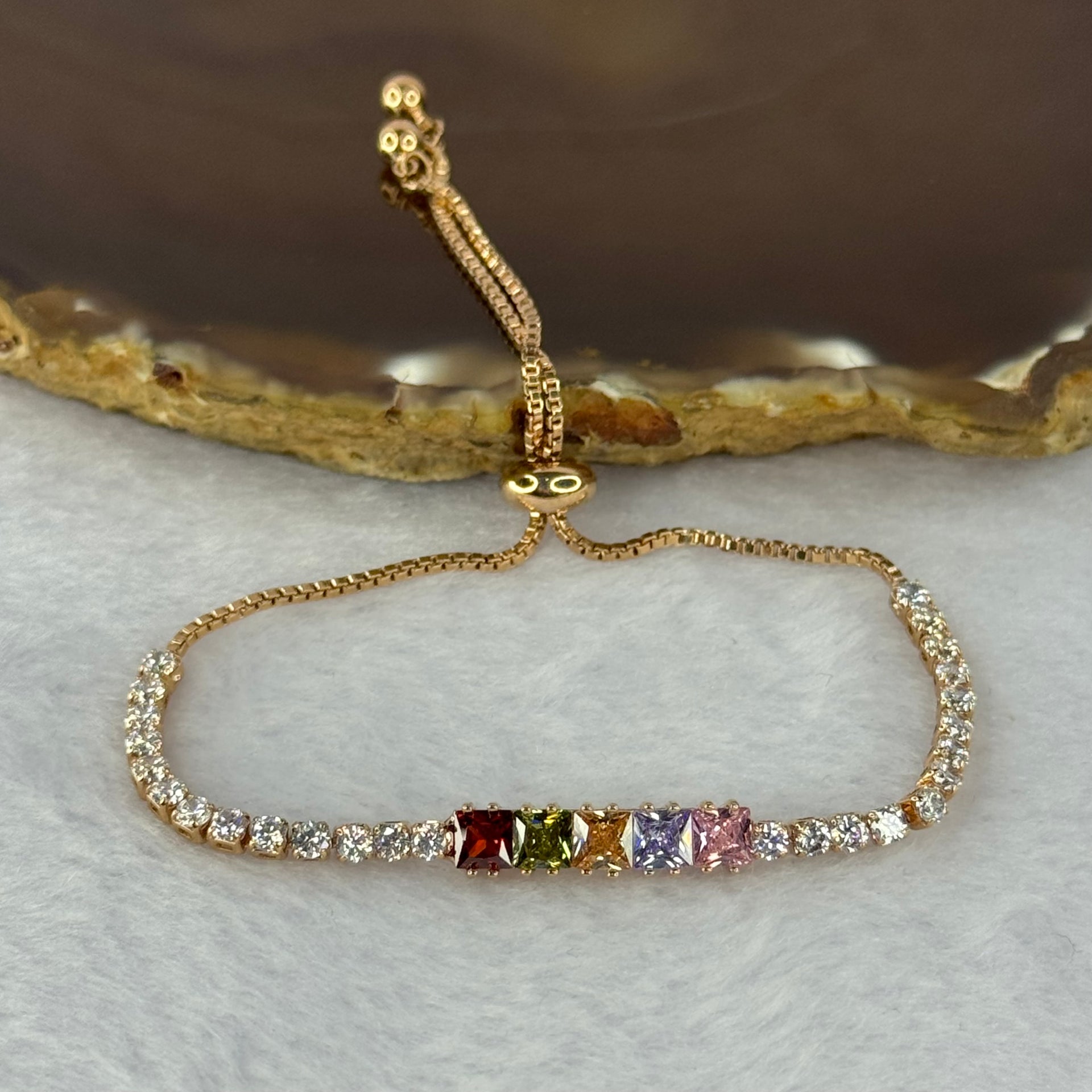 Multi Color Cubic Zirconia Crystals in 14KGF Bracelet (Adjustable Size) 4.9g 5.0 by 4.0 by 2.9mm - Huangs Jadeite and Jewelry Pte Ltd