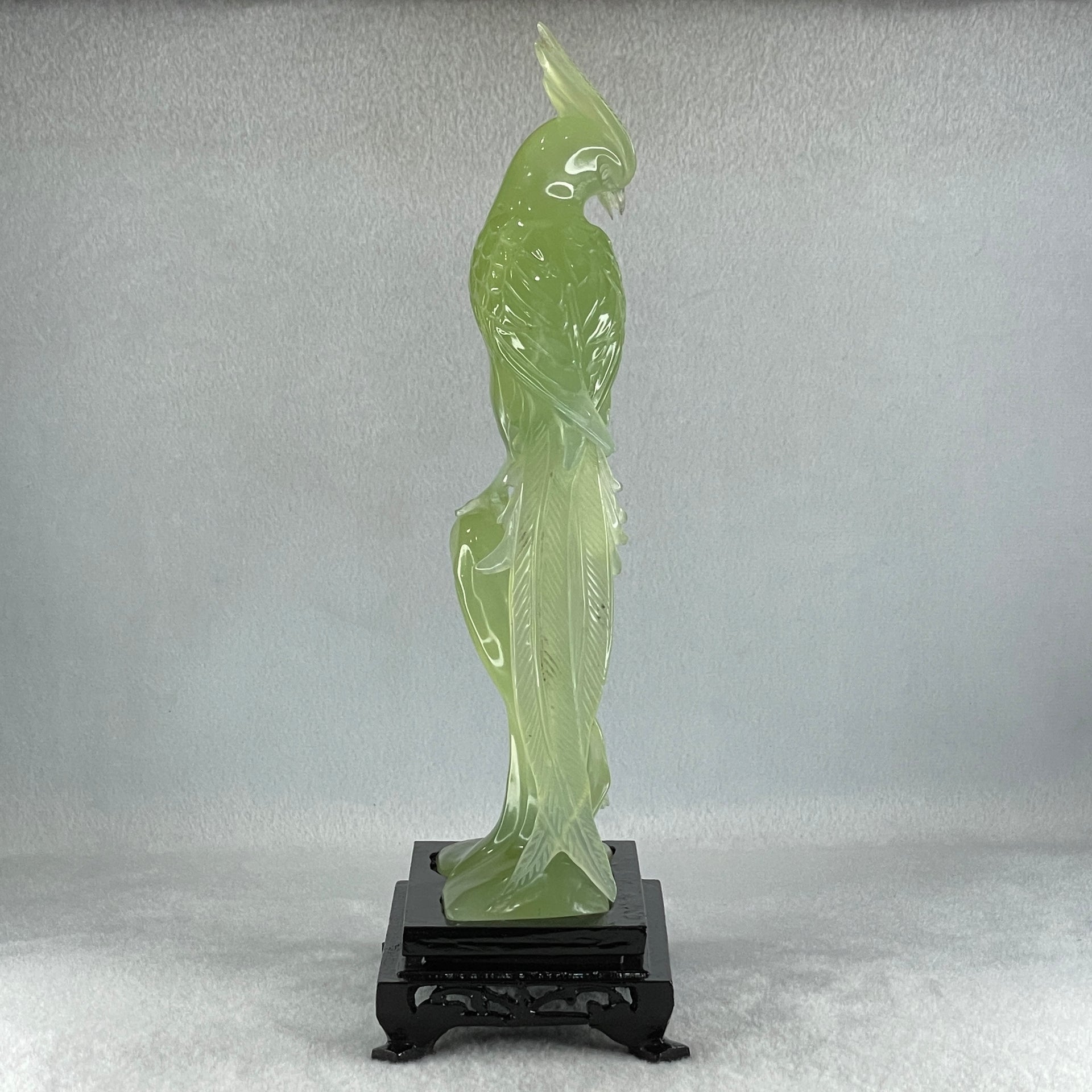 Natural Green Serpentine Phoenix on Tree with Wooden Stand Display 507.8g 114.0 by 265.0 by 84.0mm - Huangs Jadeite and Jewelry Pte Ltd