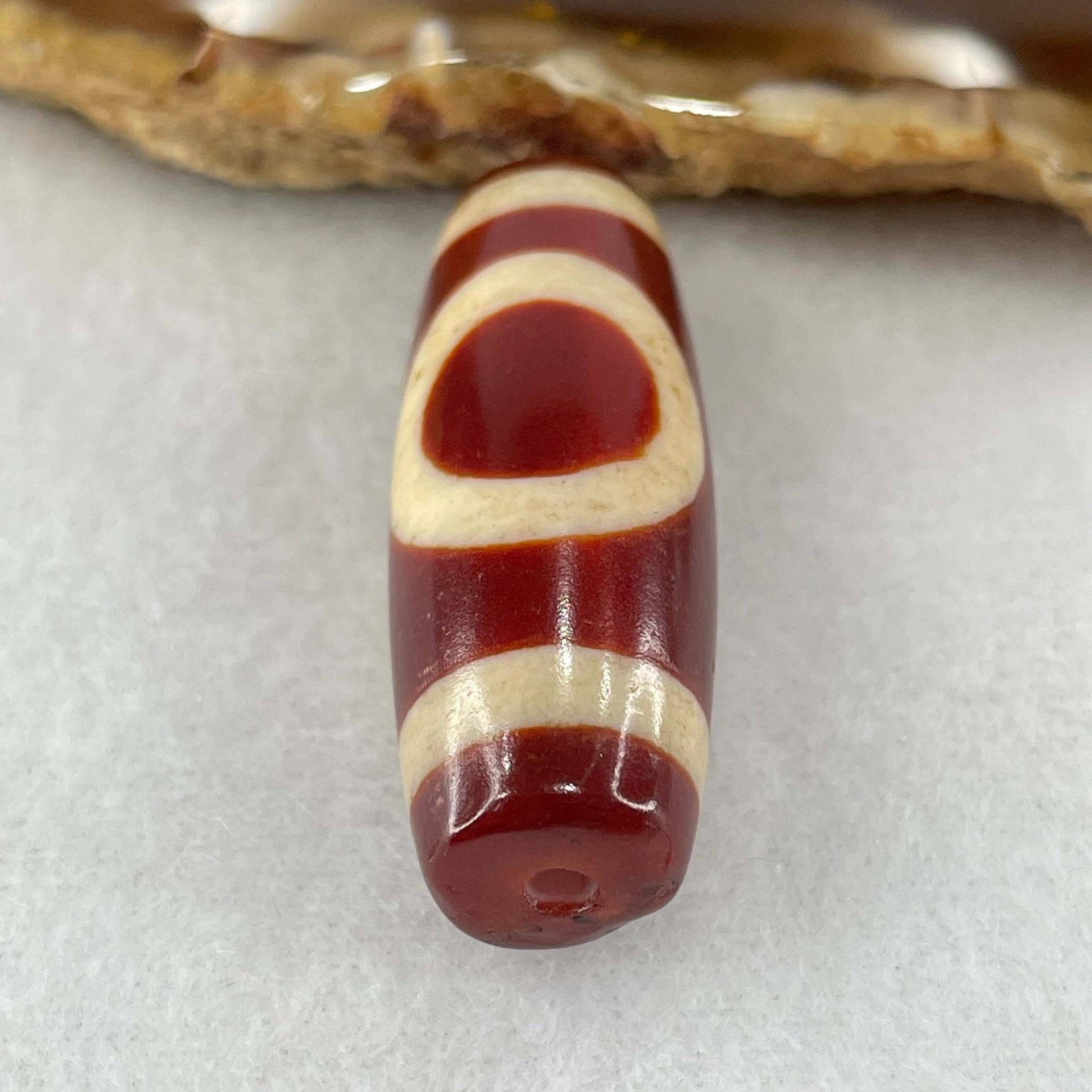 Natural Powerful Tibetan Old Oily Red White Agate One Eye Fire Sign Dzi Bead Heavenly Master (Tian Zhu) 一眼火天珠 10.52g 38.0 by 13.3mm - Huangs Jadeite and Jewelry Pte Ltd
