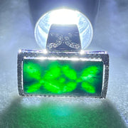 Natural Type A Translucent Old Mine Spicy Green with Dark Green Veins Piao Hua Burma Myanmar Jadeite approx. 24.14 by 13.50 by 1.55mm in 18K White Gold and Natural Diamonds Ring 13.59g (67.93cts) US7.4 HK16.5 BIG Cert. B013415 - Huangs Jadeite and Jewelry Pte Ltd