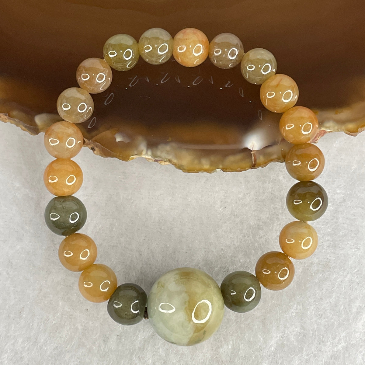 Natural Type A Brownish & Green Jadeite Beads Bracelet | 13cm with 1 Bead 14.8mm  (19.58g | 20 Beads 8.0mm Grounding Protection, Turning Fortune & Heart Harmony)