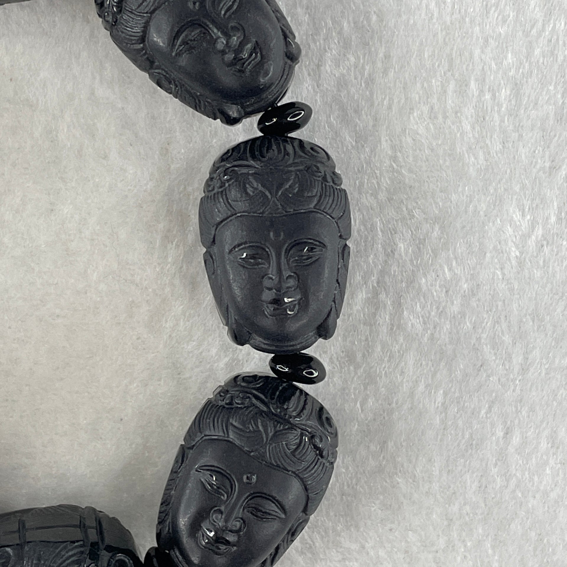Type A Opaque Black Omphacite Jadeite Guan Yin Head Beads Bracelet 117.05g 16cm 19.7mm 8 Beads - Huangs Jadeite and Jewelry Pte Ltd
