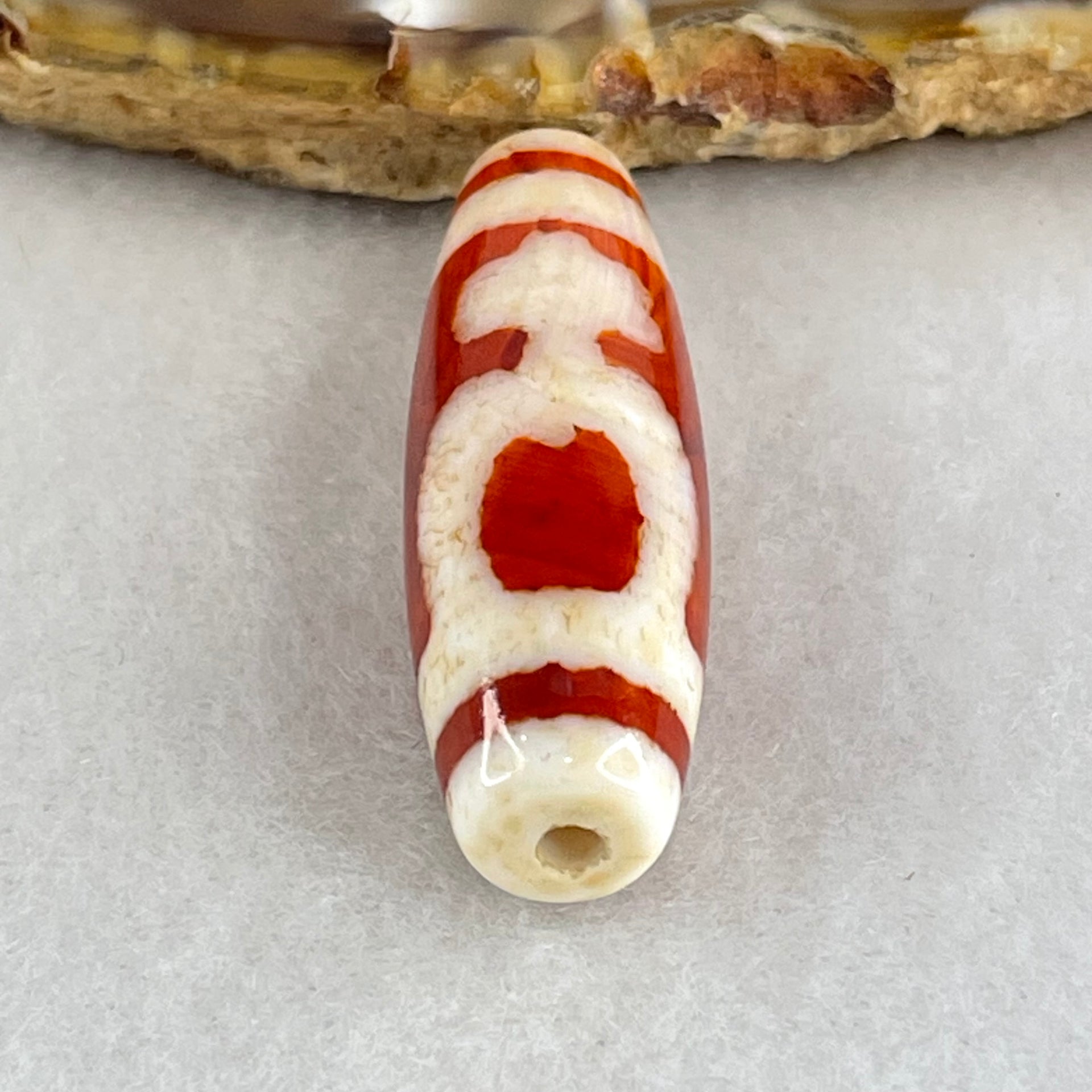 Natural Powerful Tibetan Old Oily Red White Agate 2 Nectar Vessel Dzi Bead Heavenly Master (Tian Zhu) 花蜜容器天珠 8.00g 37.9 by 11.9mm - Huangs Jadeite and Jewelry Pte Ltd