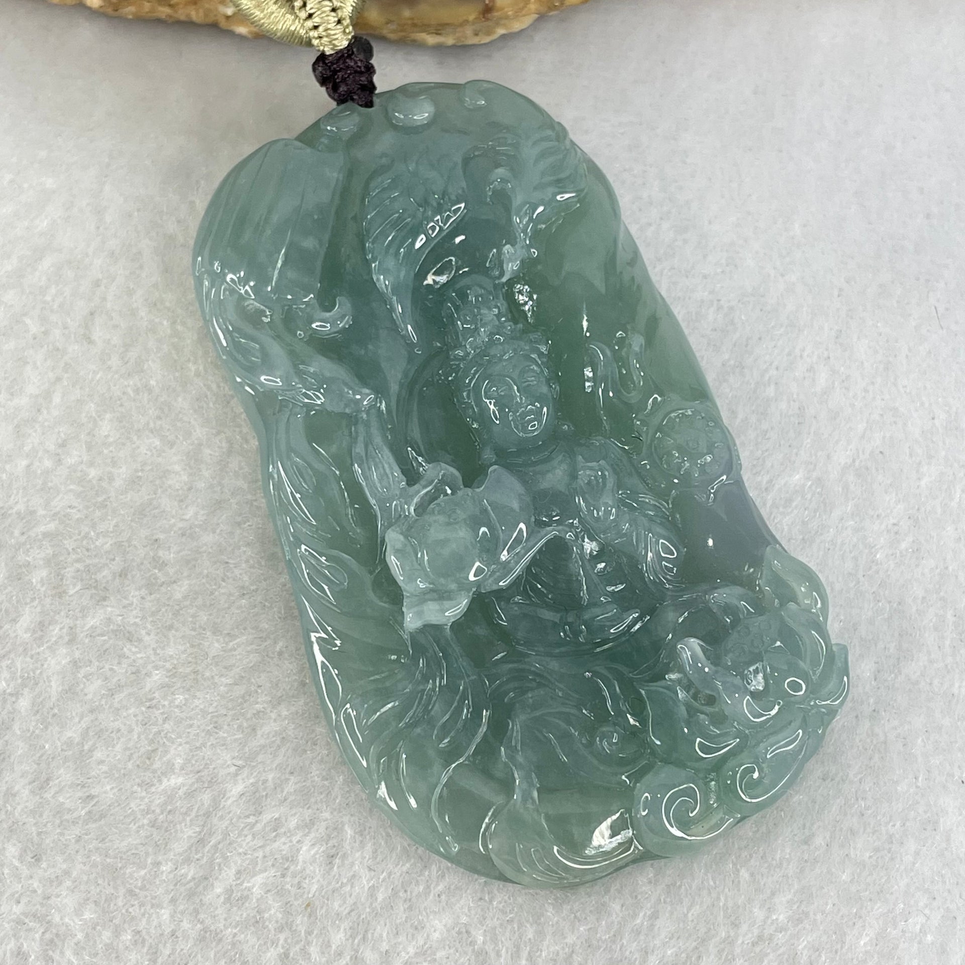 Type A Semi Icy Light Blueish Green Jadeite Guan Yin with Lotus Flower and Phoenix Pendant 40.71g 61.8 by 36.9 by 8.6mm - Huangs Jadeite and Jewelry Pte Ltd