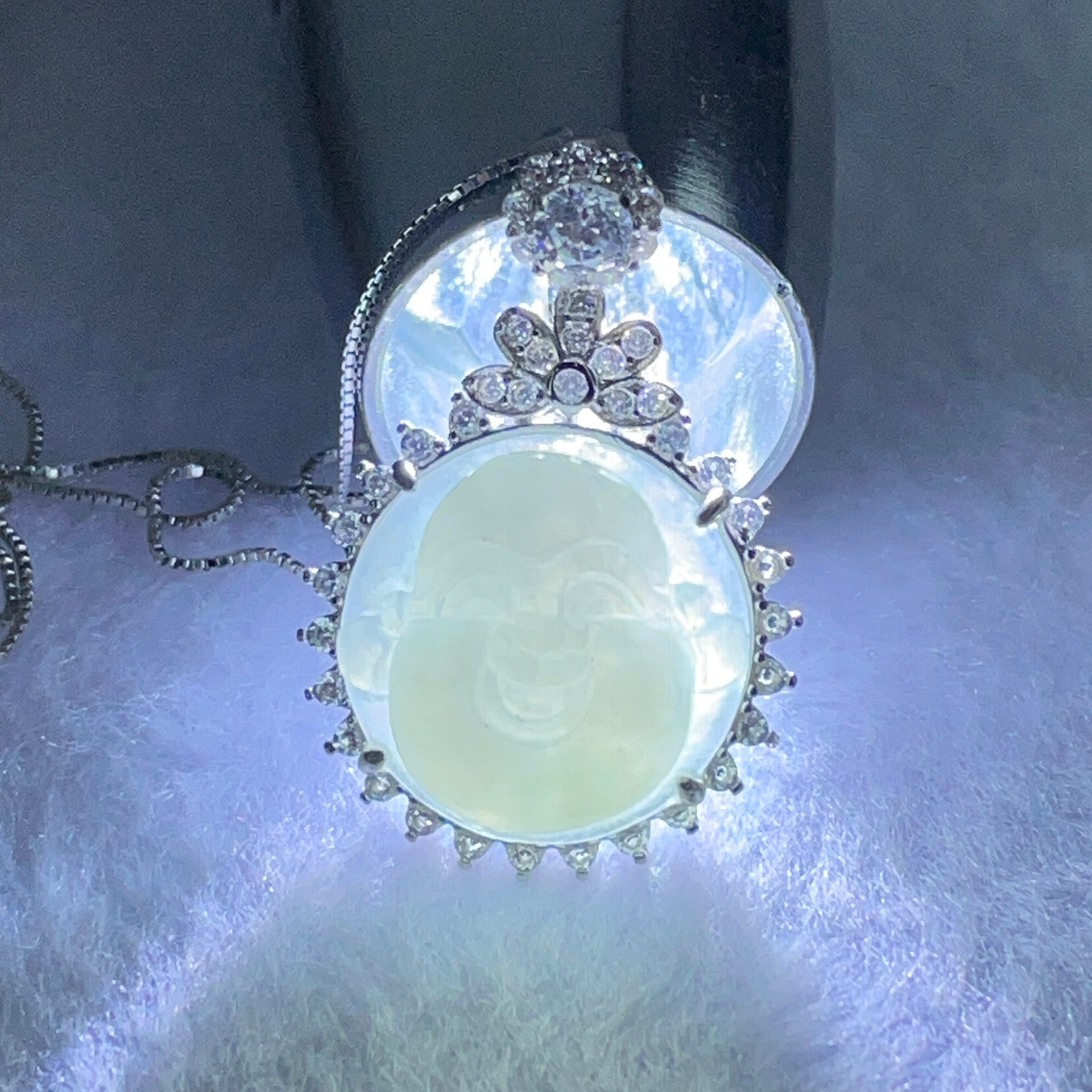 Type A Faint Green Lavender Milo Buddha with Crystals in S925 Sliver Pendant and Necklace 7.16g 16.5 by 16.5 by 9.4mm - Huangs Jadeite and Jewelry Pte Ltd