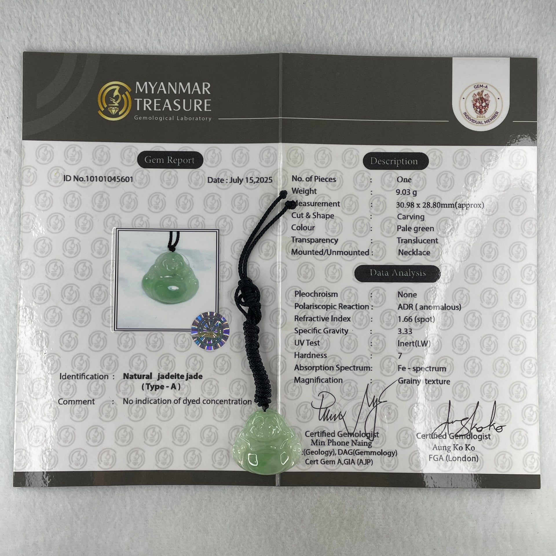 Type A Natural Semi Icy Light Green Jadeite Milo Buddha Pendant 9.03g 25.8 by 28.8 by 6.7mm - Huangs Jadeite and Jewelry Pte Ltd