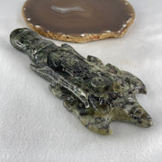Type A Green with Dark Green to Black Piao Hu Flora Jadeite Axe with Yin and Yang 320.38g with Wooden Stand Display Total 904.5g 170.0 by 124.0 by 195.0mm - Huangs Jadeite and Jewelry Pte Ltd