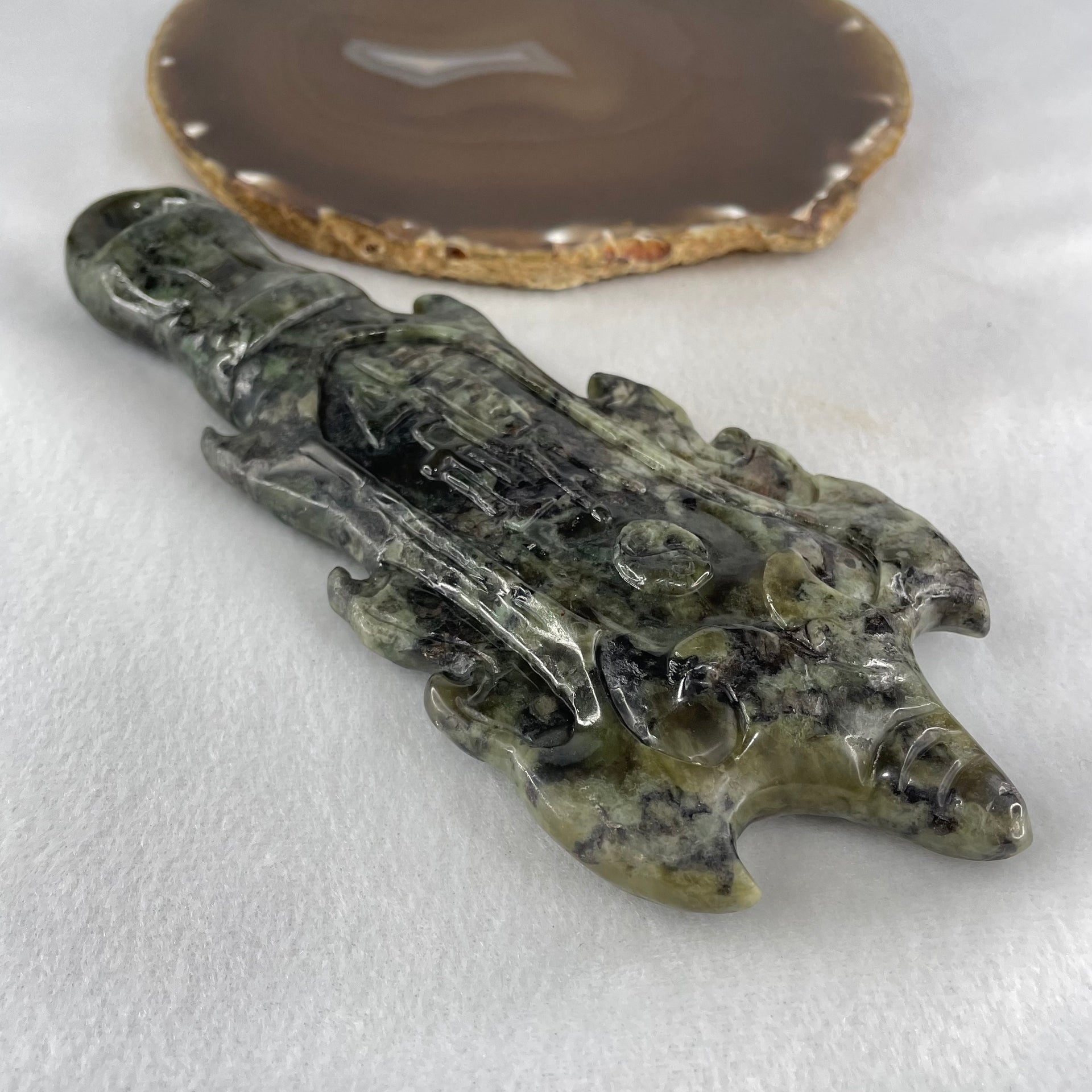 Type A Green with Dark Green to Black Piao Hu Flora Jadeite Axe with Yin and Yang 320.38g with Wooden Stand Display Total 904.5g 170.0 by 124.0 by 195.0mm - Huangs Jadeite and Jewelry Pte Ltd