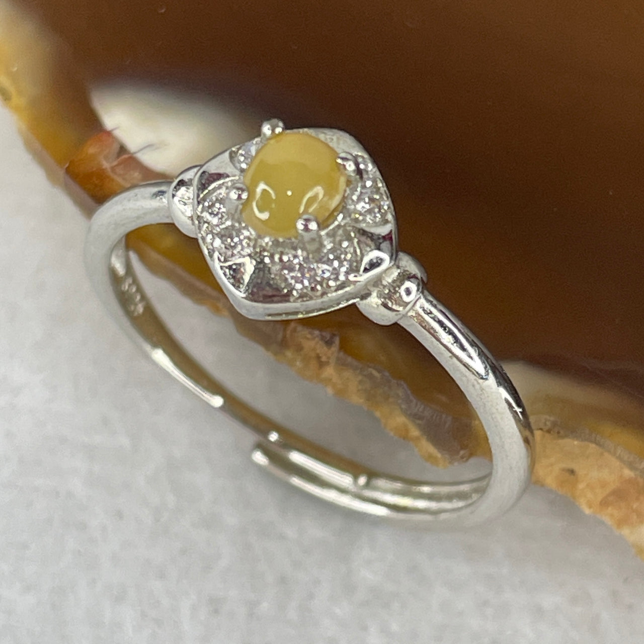 Type A Yellow Jadeite Cabochon S925 Silver Ring | Radiant Royal Amber Translucency | Solid Sterling Silver Frame | Smart Adjustable Sizing Minimalist Ring (1.31g 4.3x3.8x2.0mm)