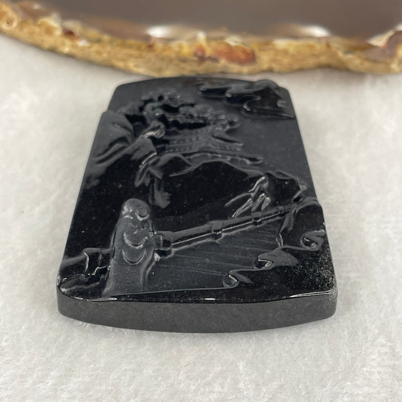 Certified Natural Type A Black Omphacite Jadeite Pagoda Shan Shui with Guiren Benefactor Pendant 26.92g 60.8 by 43.3 by 8.9mm