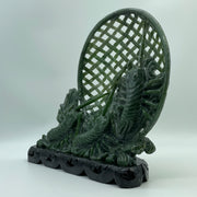Natural Dark Green Nephrite 3 Prawns in Net with Wooden Display 2,568.0g 280.0 by 95.0 by 270.0mm - Huangs Jadeite and Jewelry Pte Ltd