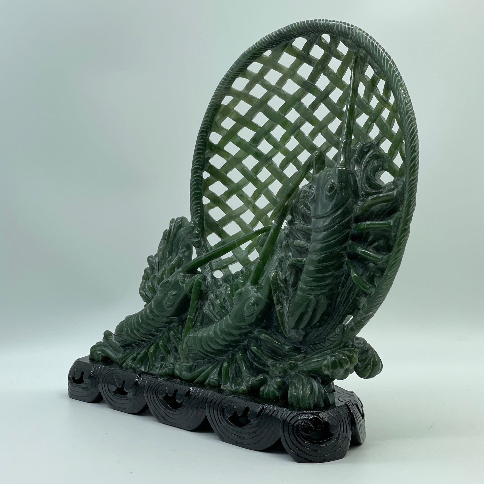 Natural Dark Green Nephrite 3 Prawns in Net with Wooden Display 2,568.0g 280.0 by 95.0 by 270.0mm - Huangs Jadeite and Jewelry Pte Ltd