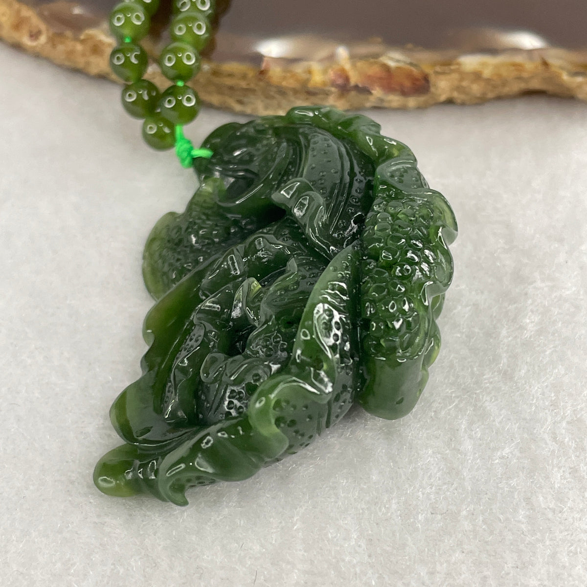 Natural Green Nephrite Cabbage Pendant with Beads Necklace | "Bai Cai" Abundance & Heart Alignment (65.46g | 5.0mm 120 Beads | 56.0x36.0x8.6mm)