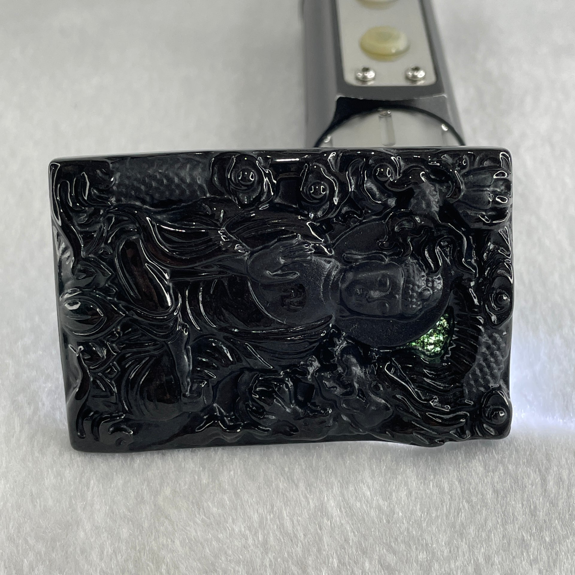 Type A Opaque to Partial Translucent Black Omphacite Jadeite Amitabha Buddha with Dragon Pendant Dog and Boar Pig Zodiac Guardian 37.44g 62.5 by 41.7 by 9.7mm - Huangs Jadeite and Jewelry Pte Ltd