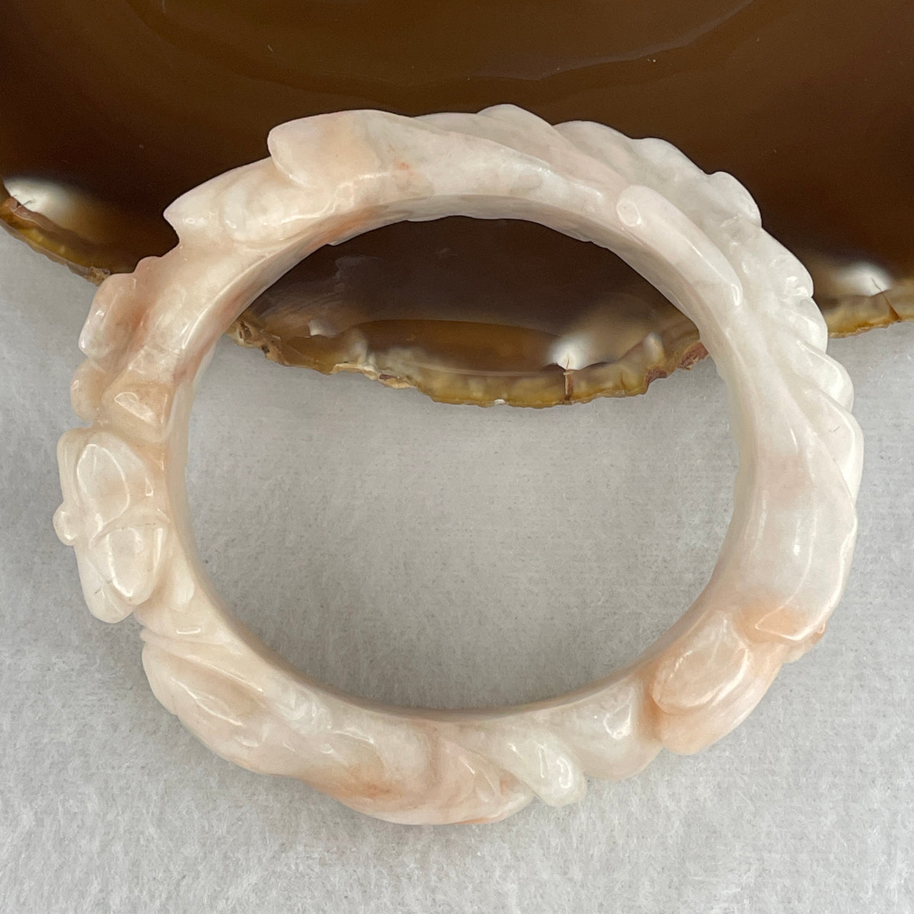 Natural White & Red Calcite Carved Rabbit & Blossom Bangle | Zodiac Rabbit Floral Armlet (67.64g 18.3 by 11.5mm | 56.3mm Inner Diameter | Close to Perfect)