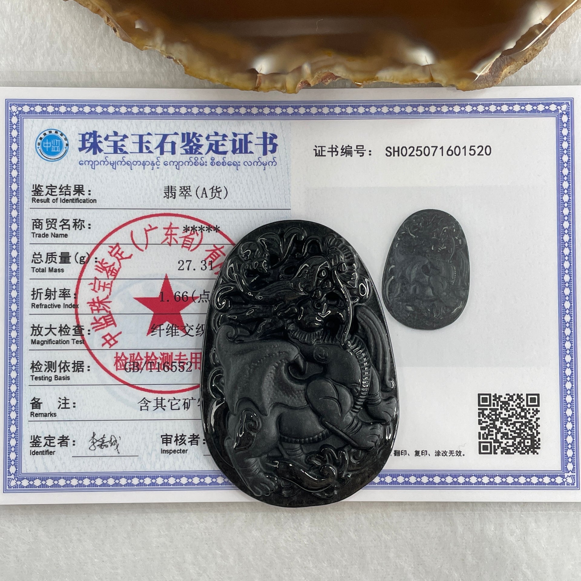 Type A Opaque to Partial Translucent Black Omphacite Jadeite Flying Pixiu Pendant 27.31g 61.2 by 42.5 by 9.3mm - Huangs Jadeite and Jewelry Pte Ltd