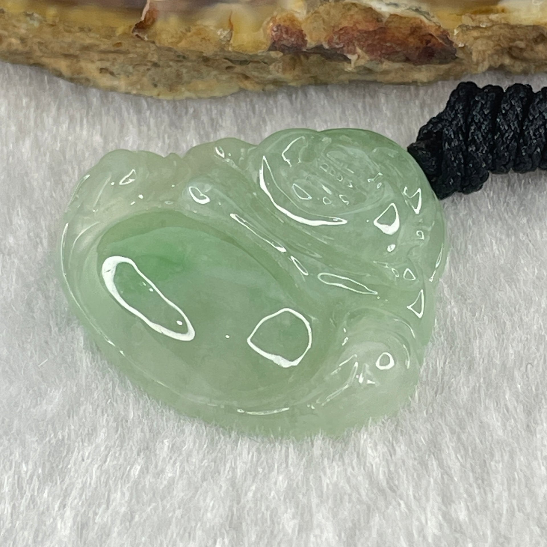 Type A Natural Semi Icy Light Green Jadeite Milo Buddha Pendant 9.03g 25.8 by 28.8 by 6.7mm - Huangs Jadeite and Jewelry Pte Ltd