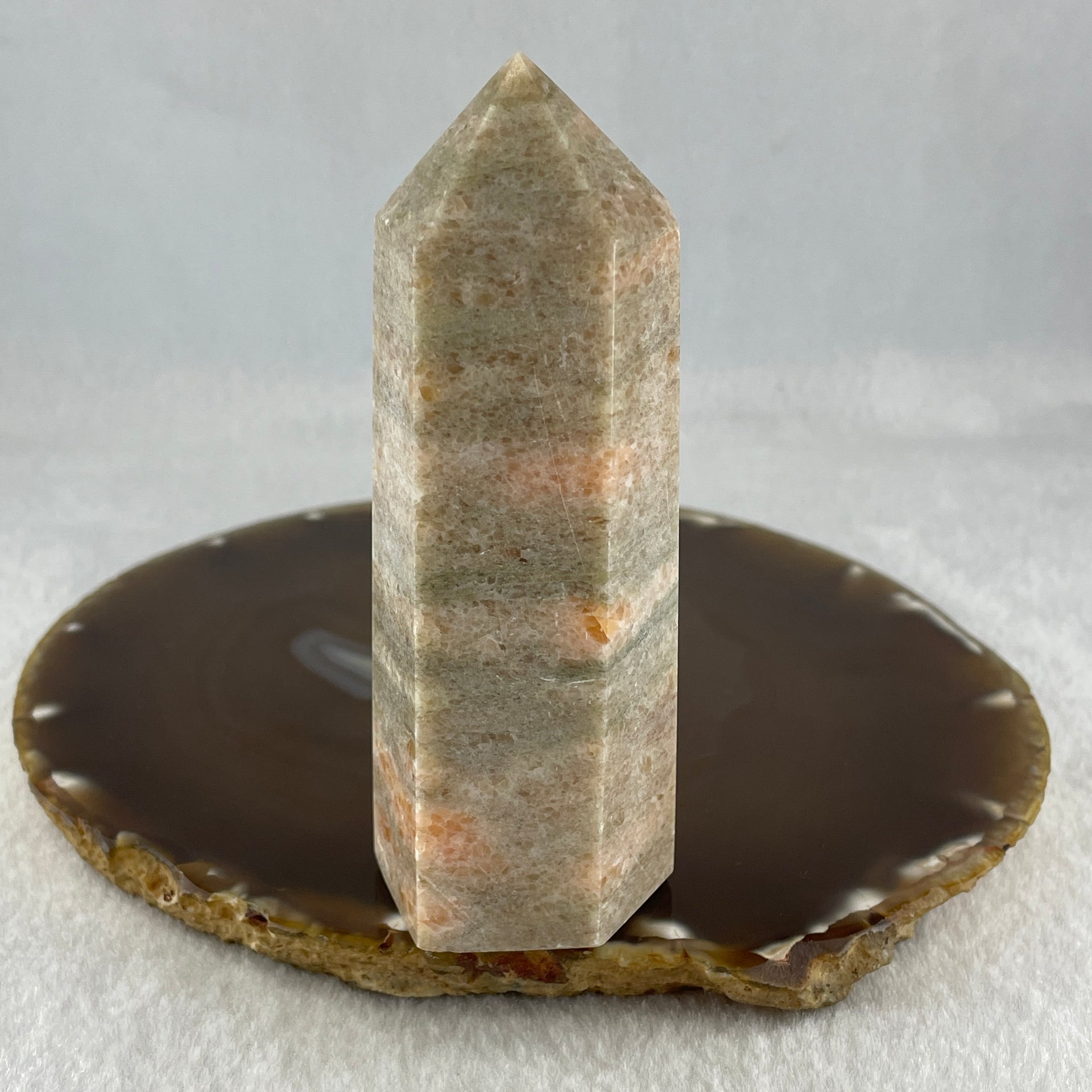 Natural Pink Orange Calcite Tower Display 213.53g 40.0 by 34.1 by 101.9mm - Huangs Jadeite and Jewelry Pte Ltd