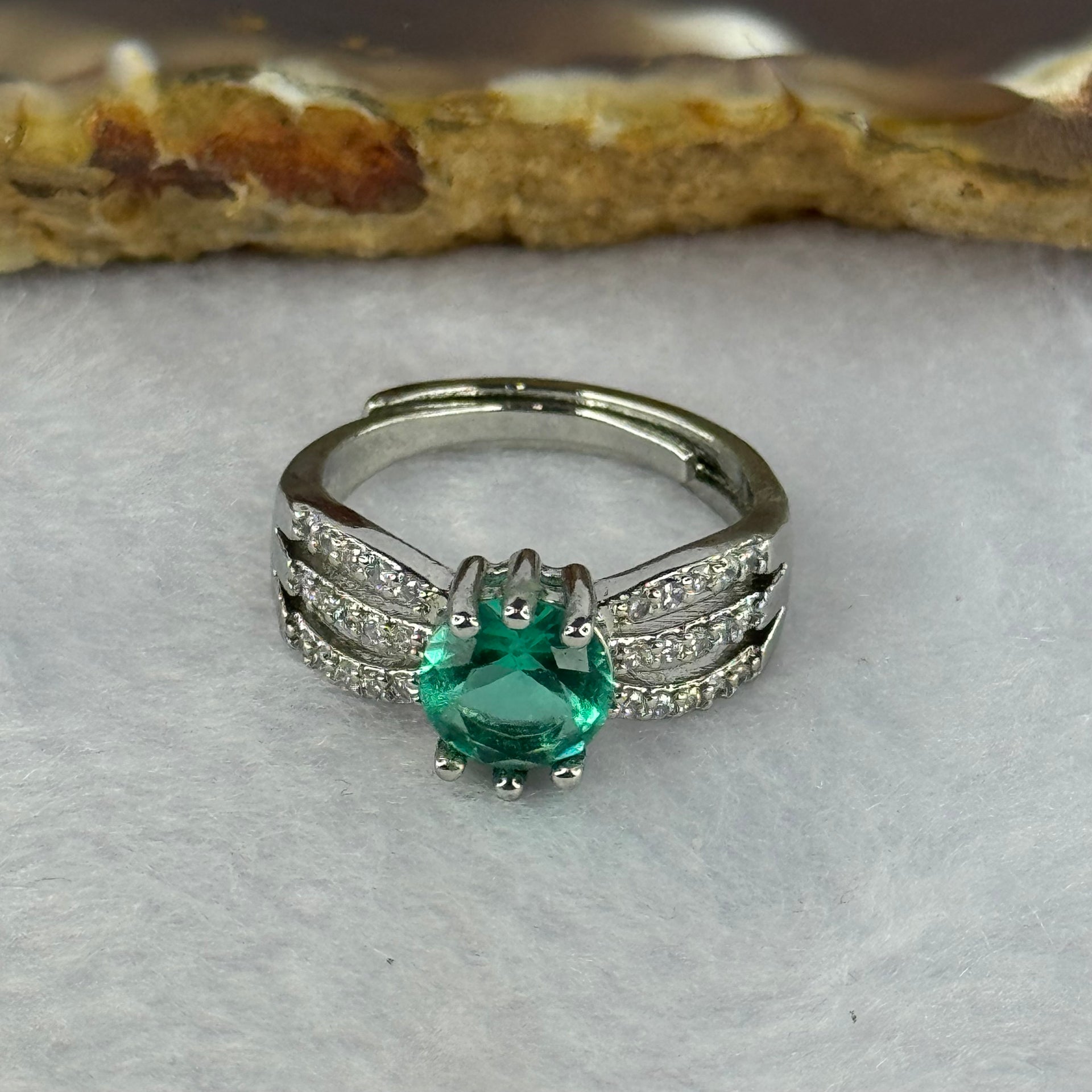 Blueish Green Cubic Zirconia in PT950 Plated S925 Sliver Ring (Adjustable Size) 2.91g 6.8 by 4.3mm - Huangs Jadeite and Jewelry Pte Ltd