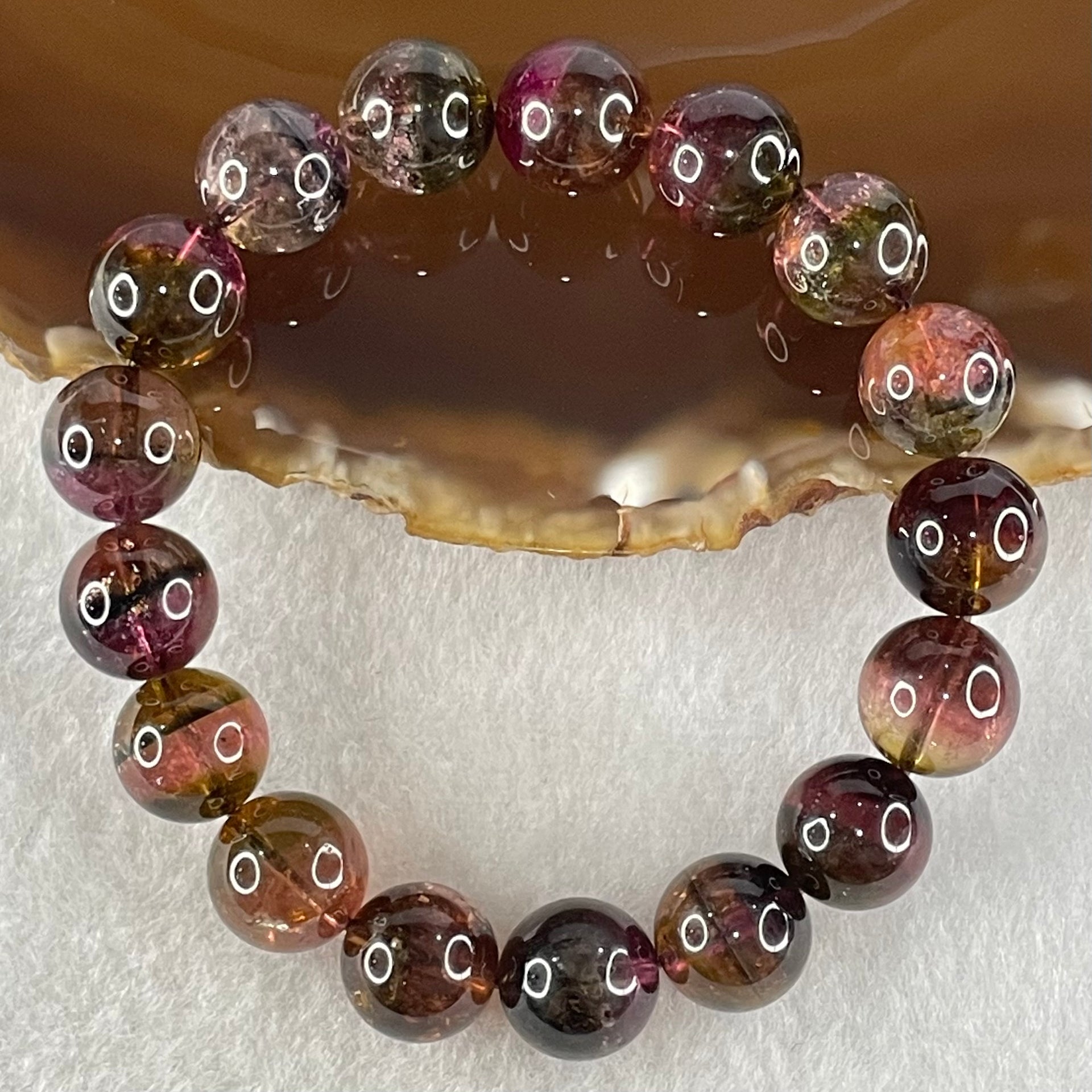 Good Grade special Dark Bi/Tri Color Natural Tourmaline Crystal Bracelet 电气石 37.34g 16cm 11.2mm 17 Beads - Huangs Jadeite and Jewelry Pte Ltd