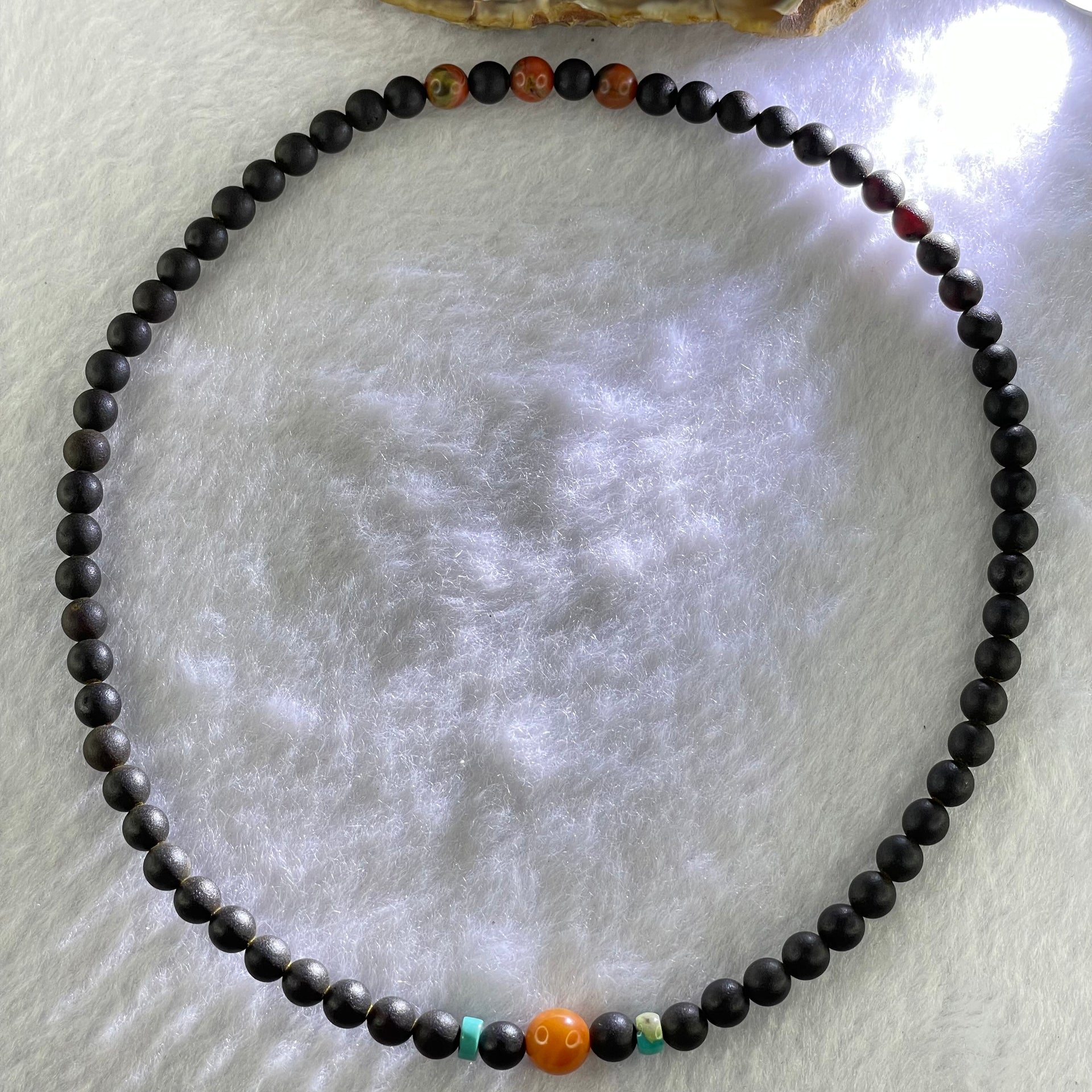 Natural Dark Matt Black Amber Beads Elastic Necklace 天然大黑天翁琥珀项链 10.72g 42cm 8.6mm 1 Beads 6.8mm 67 Beads - Huangs Jadeite and Jewelry Pte Ltd