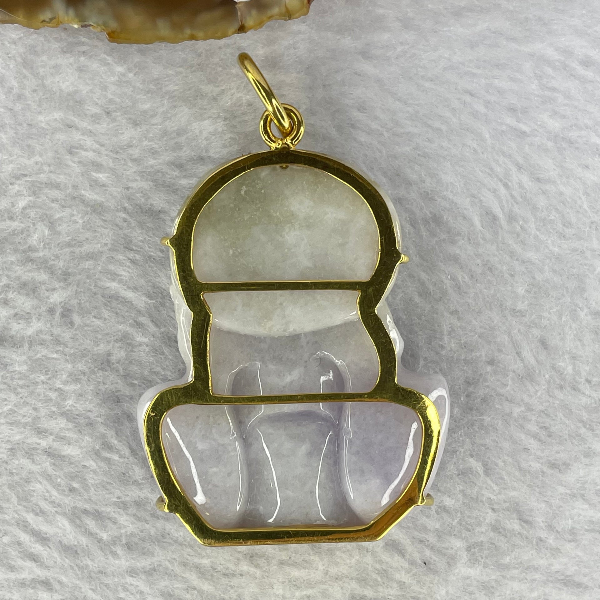 Pre-Love Type A Lavender Jadeite Tu Di Gong in 916 Yellow Gold Setting Large Clasp Inner Diameter 9.3mm suitable for very thick Gold Chain - Huangs Jadeite and Jewelry Pte Ltd