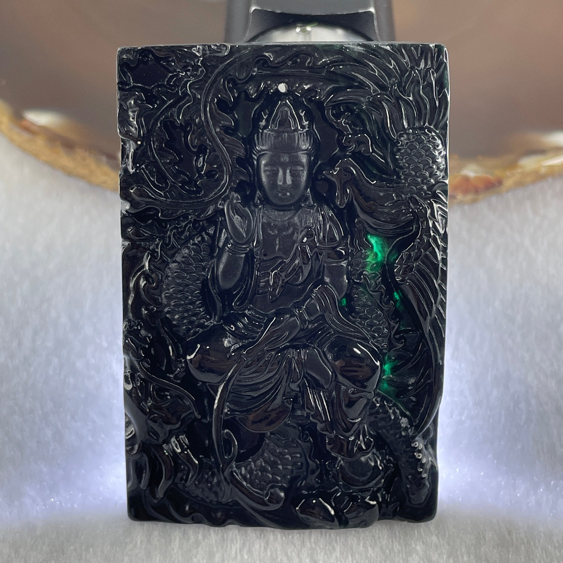 Type A Opaque to Partial Translucent Black Omphacite Jadeite Guan Yin with Dragon and Phoenix Pendant 34.30g 63.1 by 41.4 by 8.0mm - Huangs Jadeite and Jewelry Pte Ltd