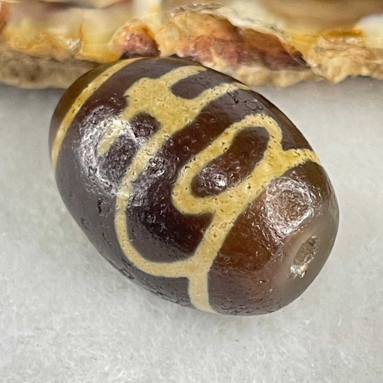 Natural Powerful Tibetan Old Oily Agate Double Nectar Vessel Dzi Bead Heavenly Master (Tian Zhu) 双花蜜容器眼天 6.08g 19.8 by 14.8mm - Huangs Jadeite and Jewelry Pte Ltd