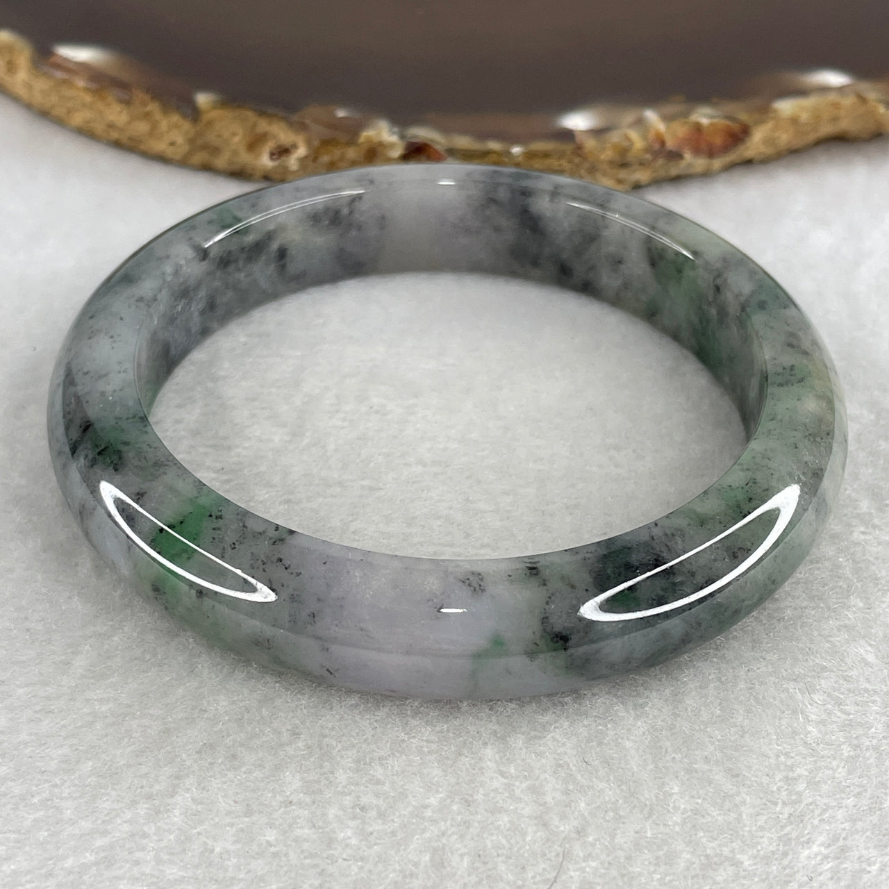 Natural Type A Translucent Multicolor Jadeite Bangle | 58.3mm Ink-Wash "Wuji" Grey & Black with Green & Lavender | Glassy "Four Blessings" Round Wrist Heirloom 58.94g 11.9x8.8mm (Slight Internal Lines)