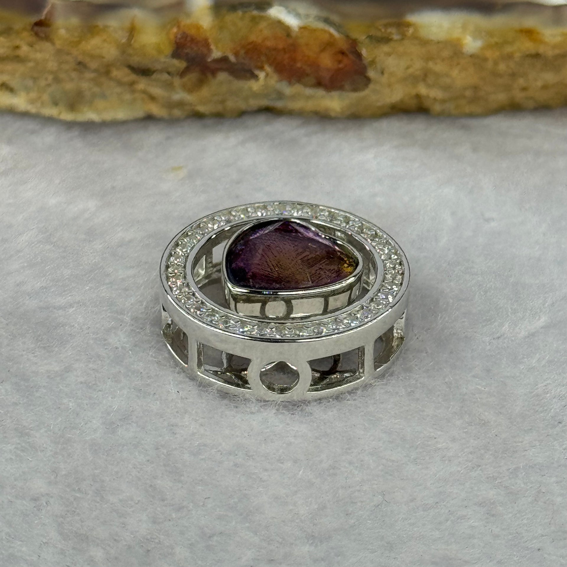 Natural Meteorite Powerful Energy Spinning Purple with Yellow Heart Charm in S925 Silver with Crystals For Necklace / Bracelet 2.89g 15.9 by 6.9mm - Huangs Jadeite and Jewelry Pte Ltd