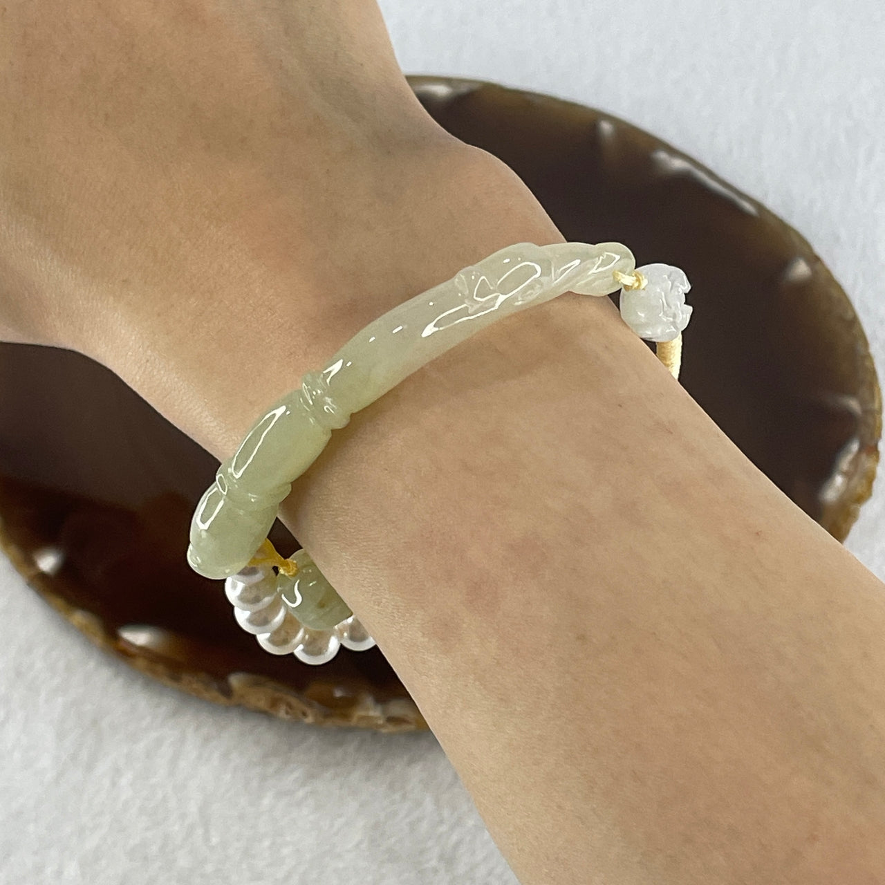 Natural Type A Semi Icy Light Green with Yellowish Jadeite Bamboo with Lotus Charm Bracelet 14.64g 15.5cm 6.18 by 7.5 by 8.2mm - Huangs Jadeite and Jewelry Pte Ltd