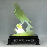 Natural Green Serpentine Javan Mynah Birds on Tree with Wooden Stand Display 430.6g 137.0 by 190.0 by 75.0mm - Huangs Jadeite and Jewelry Pte Ltd
